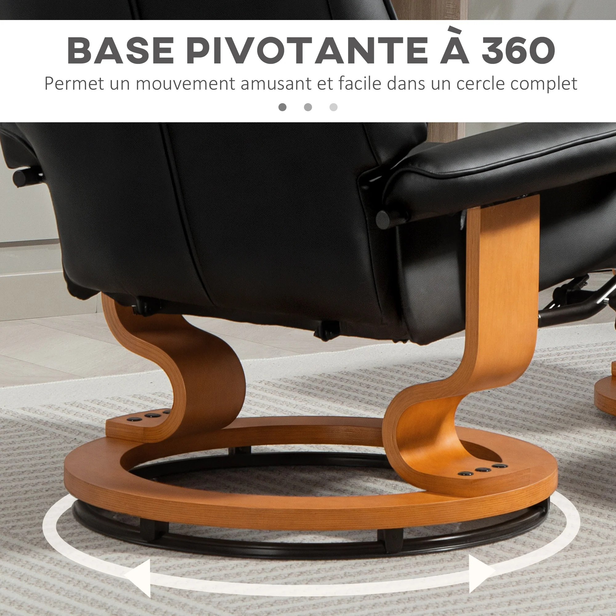 Fauteuil de relaxation inclinable avec repose-pied fauteuil relax de salon pivotant, cadre en bois revêtement synthétique 76 x 85 x 104 cm noir - Image 6
