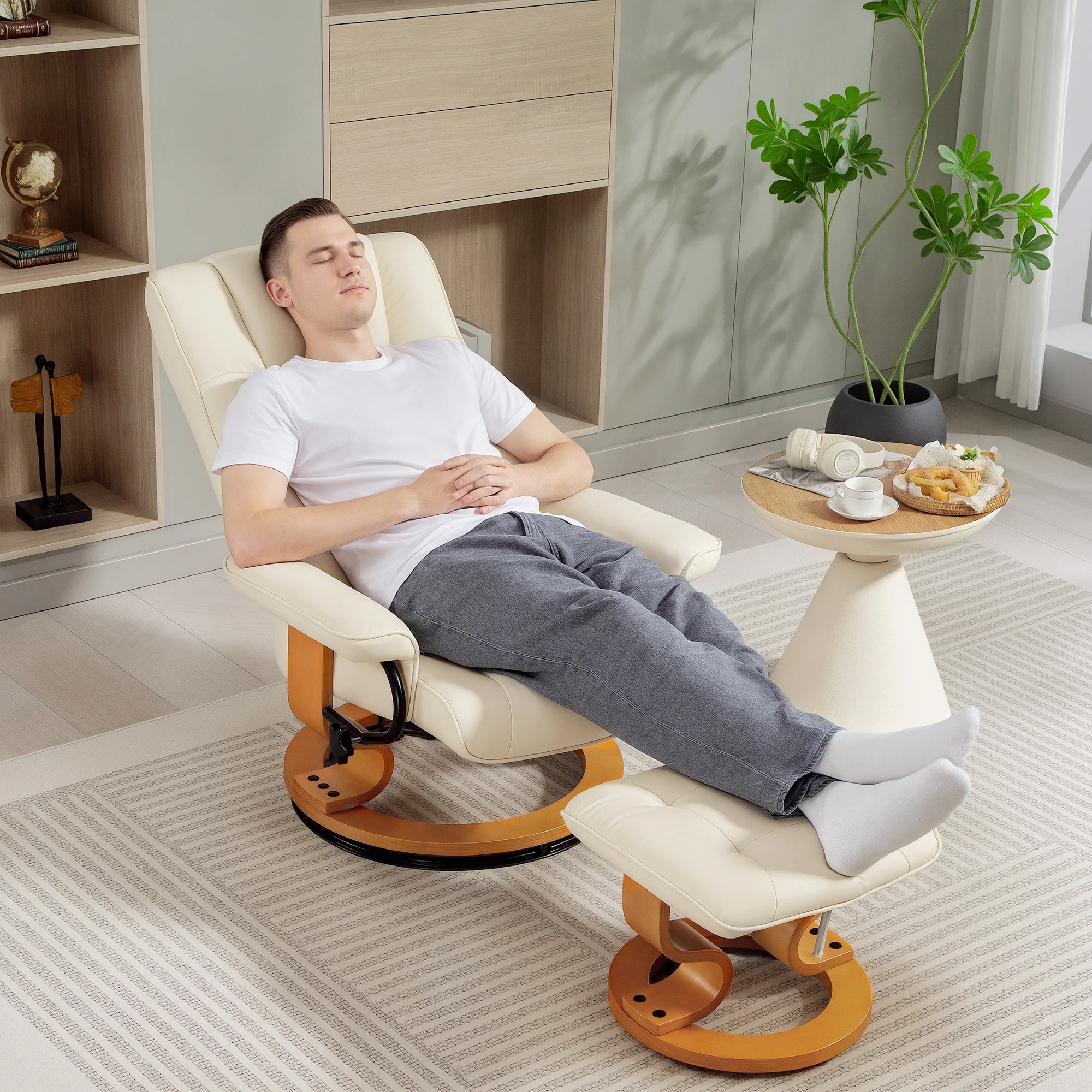 Fauteuil de relaxation inclinable avec repose-pied fauteuil relax de salon pivotant, cadre en bois revêtement synthétique 76 x 85 x 104 cm crème - Image 10