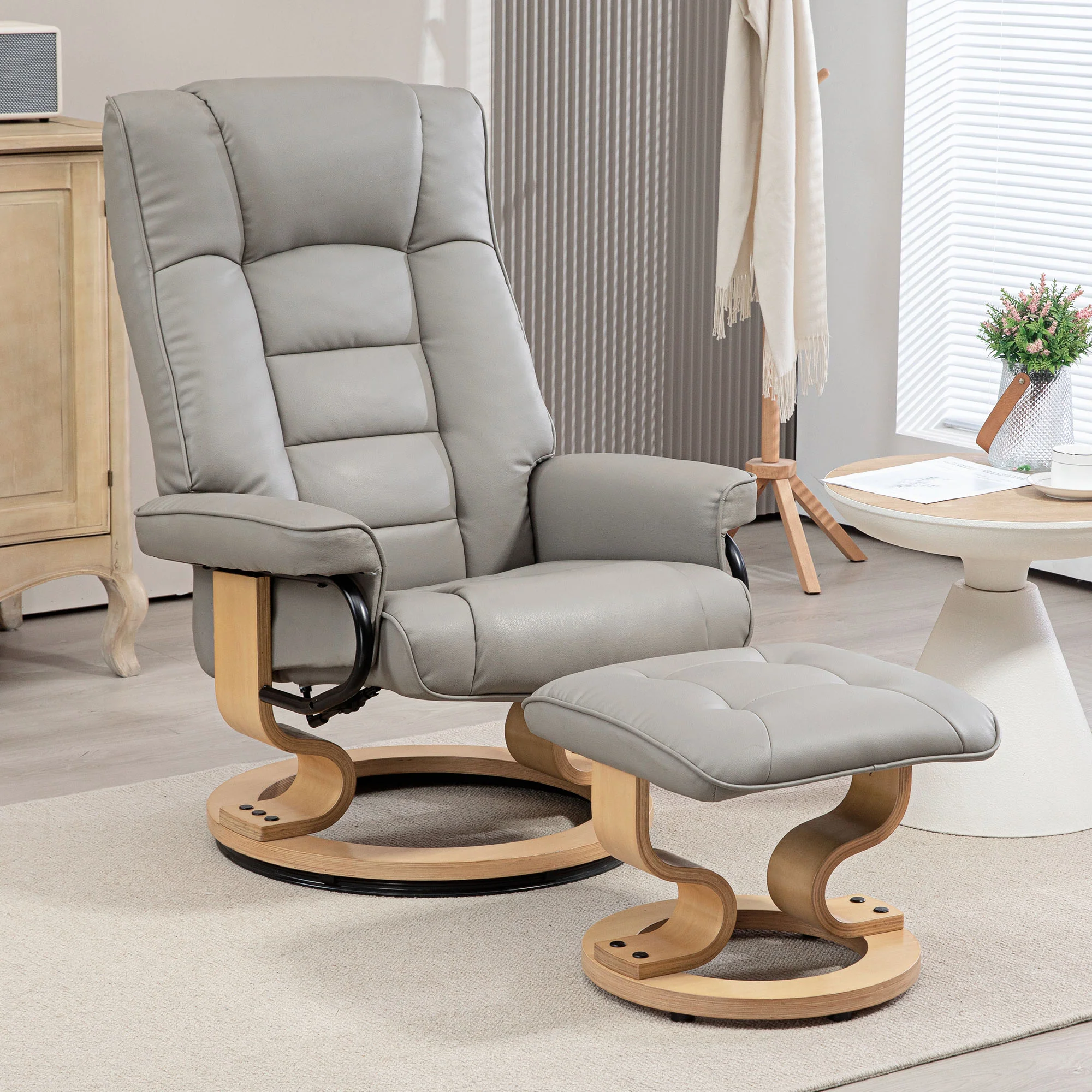 Fauteuil de relaxation inclinable avec repose-pied fauteuil relax de salon pivotant, cadre en bois revêtement synthétique 76 x 85 x 104 cm gris - Image 3