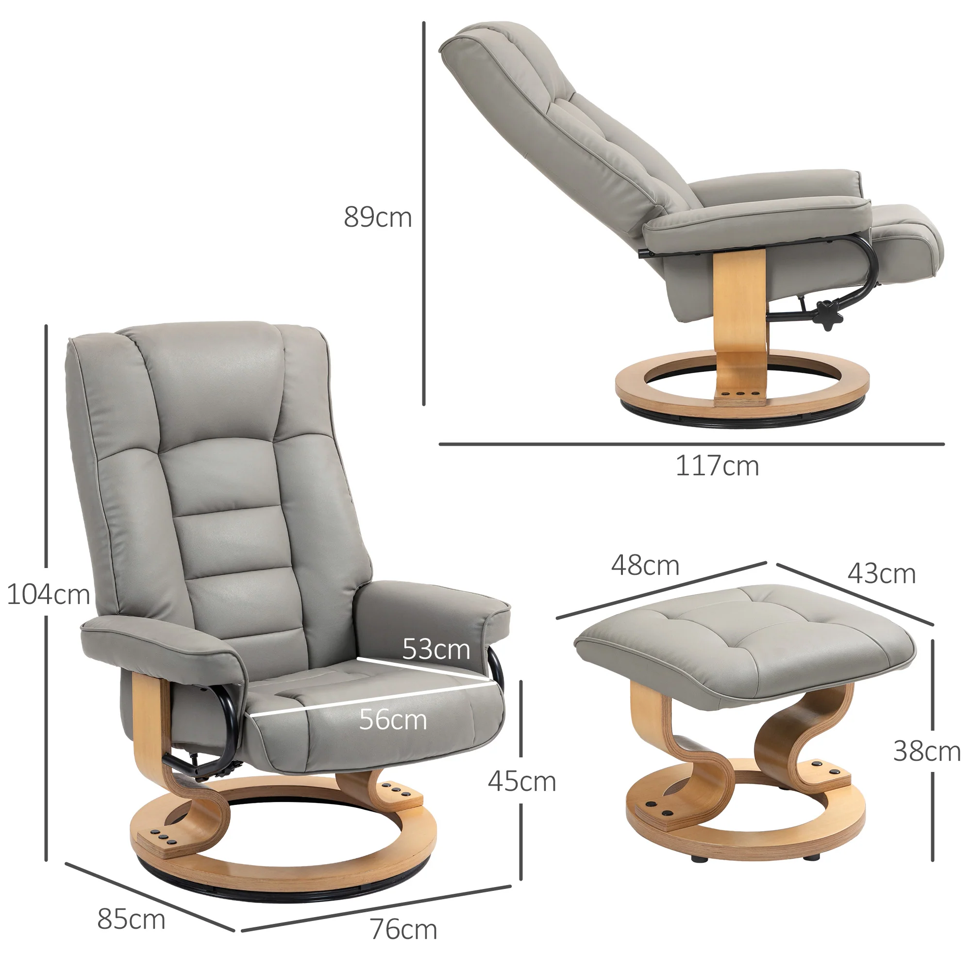 Fauteuil de relaxation inclinable avec repose-pied fauteuil relax de salon pivotant, cadre en bois revêtement synthétique 76 x 85 x 104 cm gris - Image 4