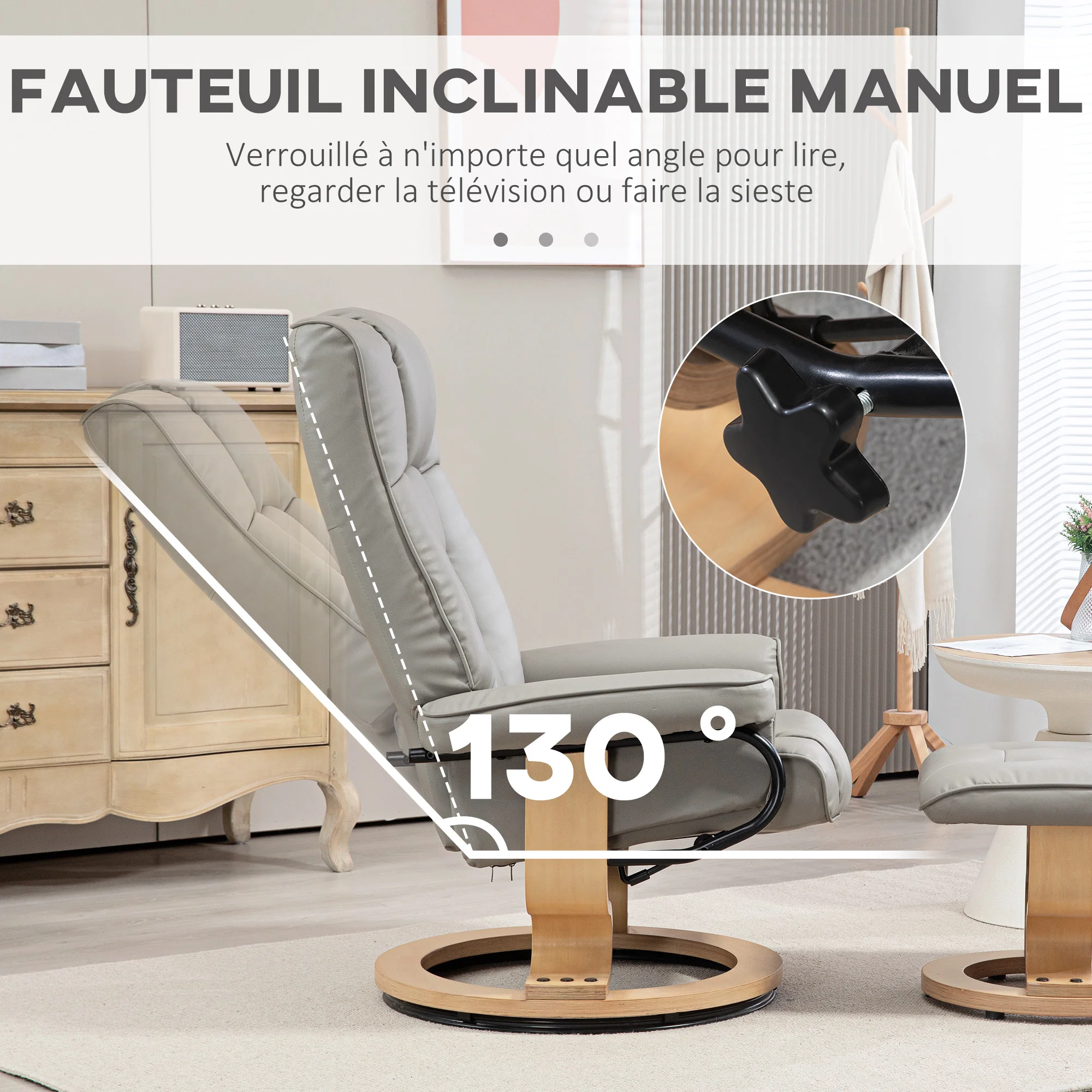 Fauteuil de relaxation inclinable avec repose-pied fauteuil relax de salon pivotant, cadre en bois revêtement synthétique 76 x 85 x 104 cm gris - Image 5