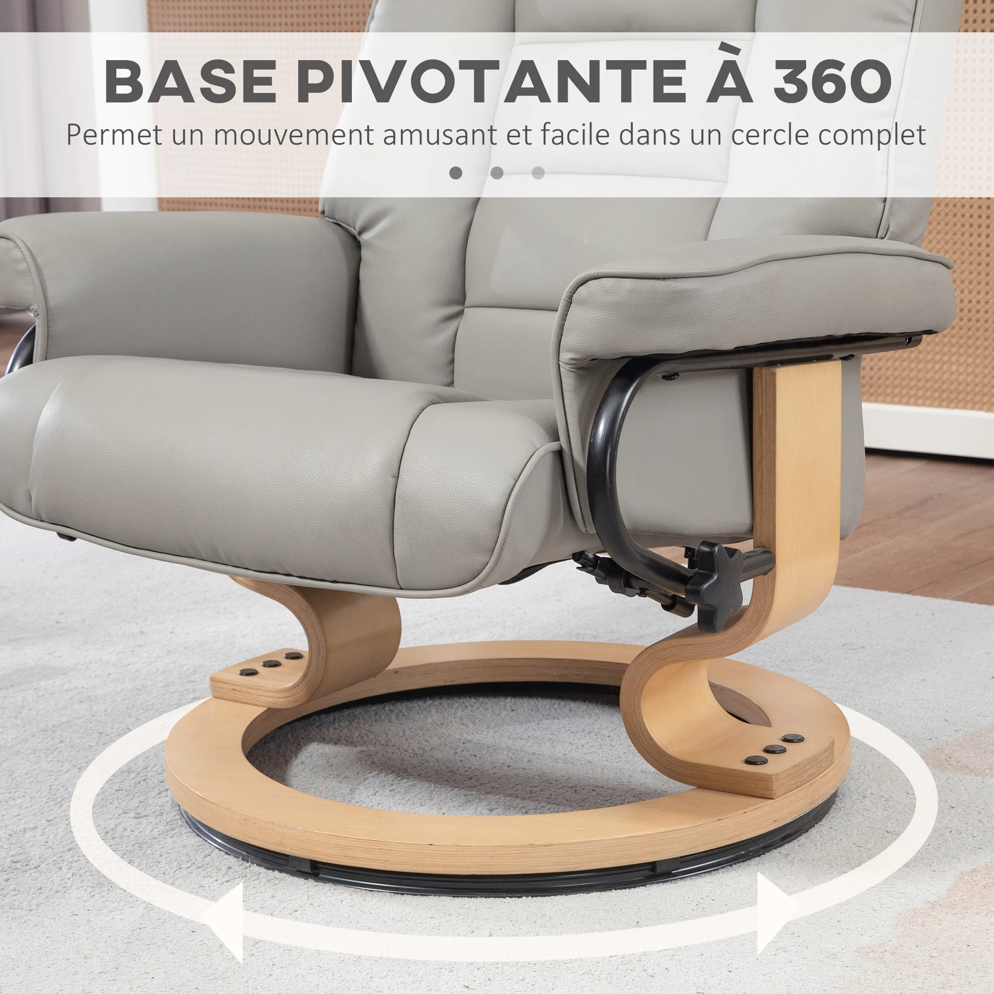 Fauteuil de relaxation inclinable avec repose-pied fauteuil relax de salon pivotant, cadre en bois revêtement synthétique 76 x 85 x 104 cm gris - Image 6