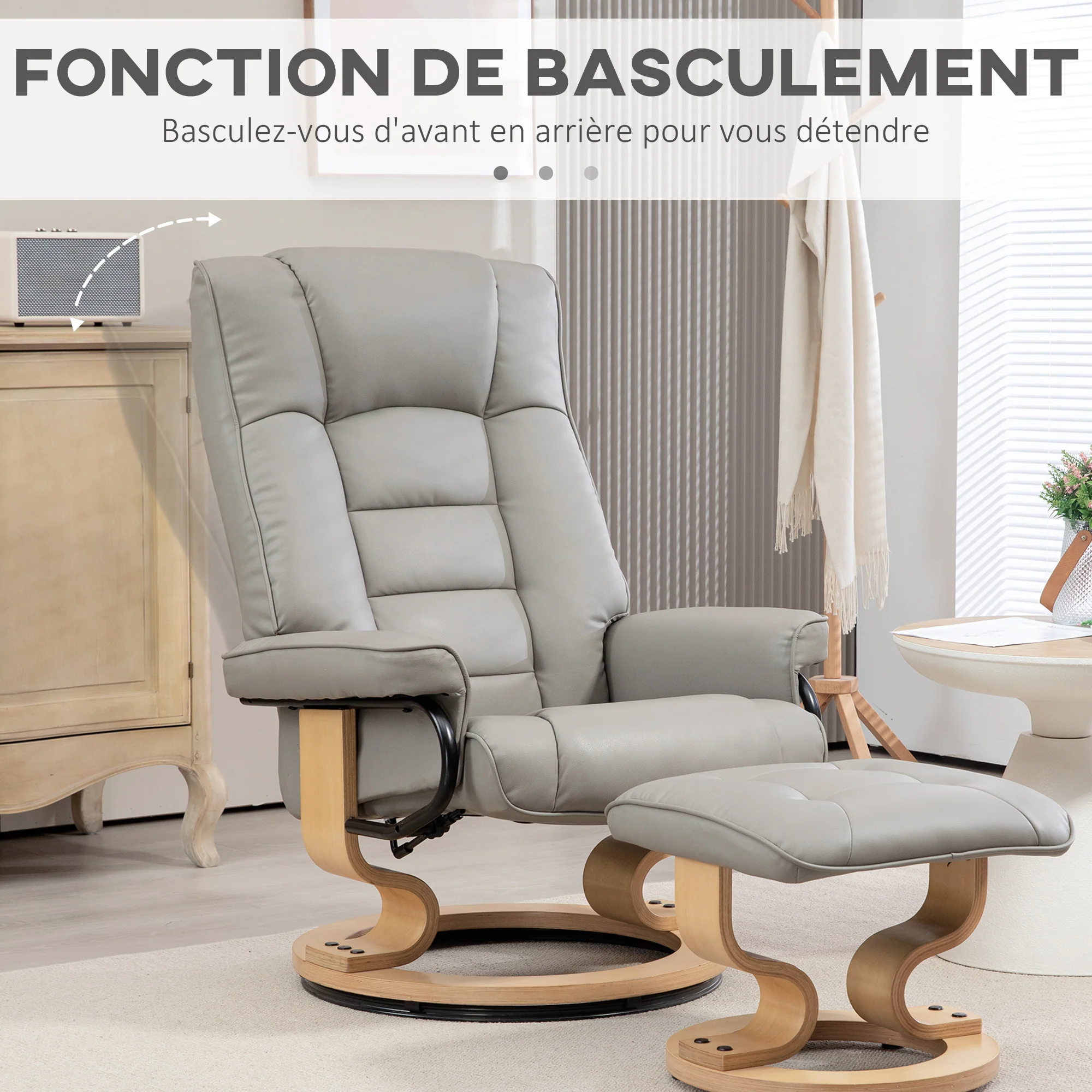 Fauteuil de relaxation inclinable avec repose-pied fauteuil relax de salon pivotant, cadre en bois revêtement synthétique 76 x 85 x 104 cm gris - Image 7