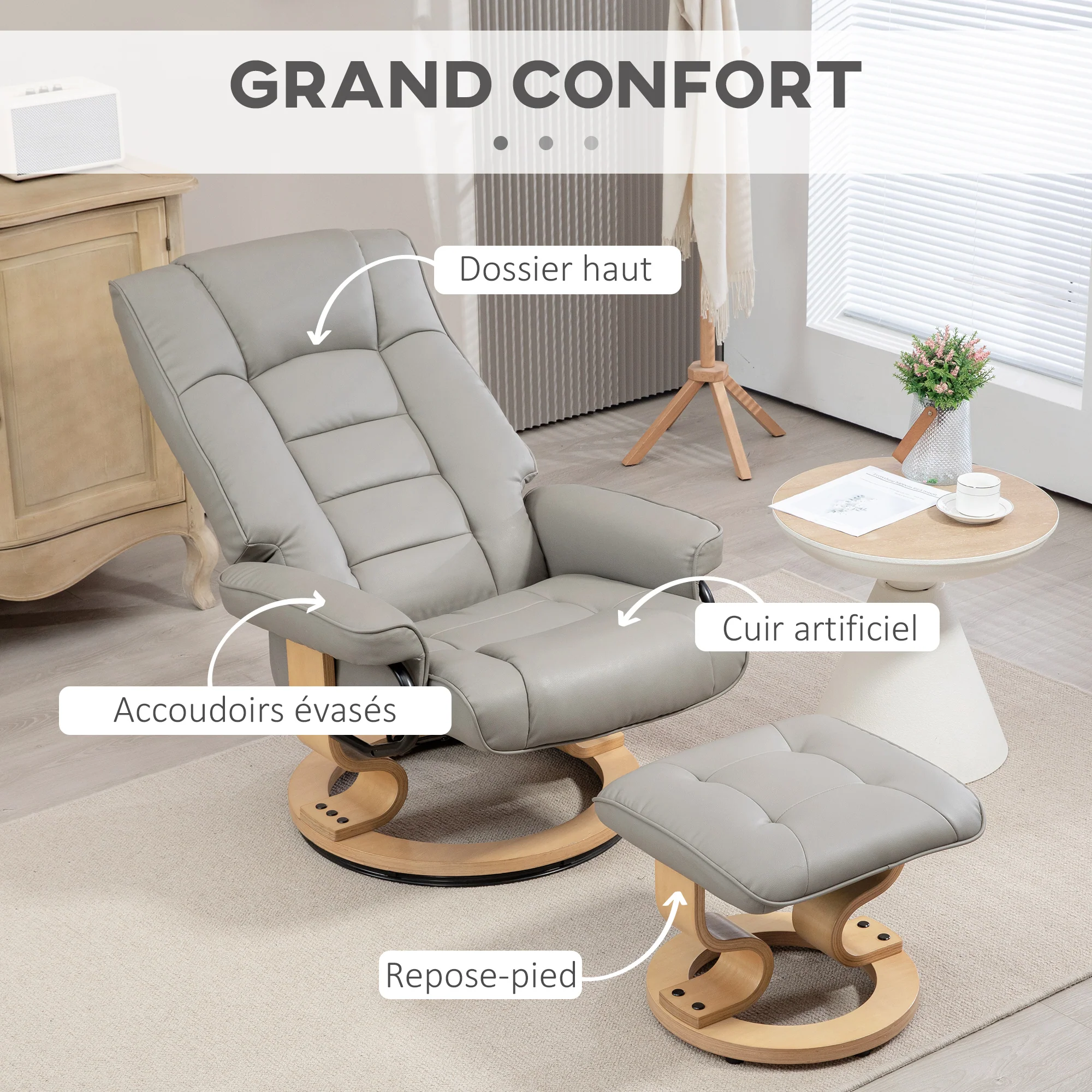 Fauteuil de relaxation inclinable avec repose-pied fauteuil relax de salon pivotant, cadre en bois revêtement synthétique 76 x 85 x 104 cm gris - Image 8