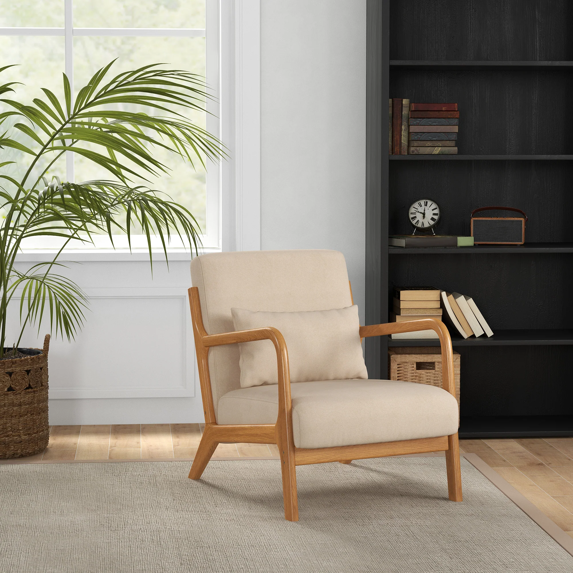 Fauteuil de salon avec cadre en bois massif fauteuil lounge - assise profonde - accoudoirs - aspect velours beige - Image 3