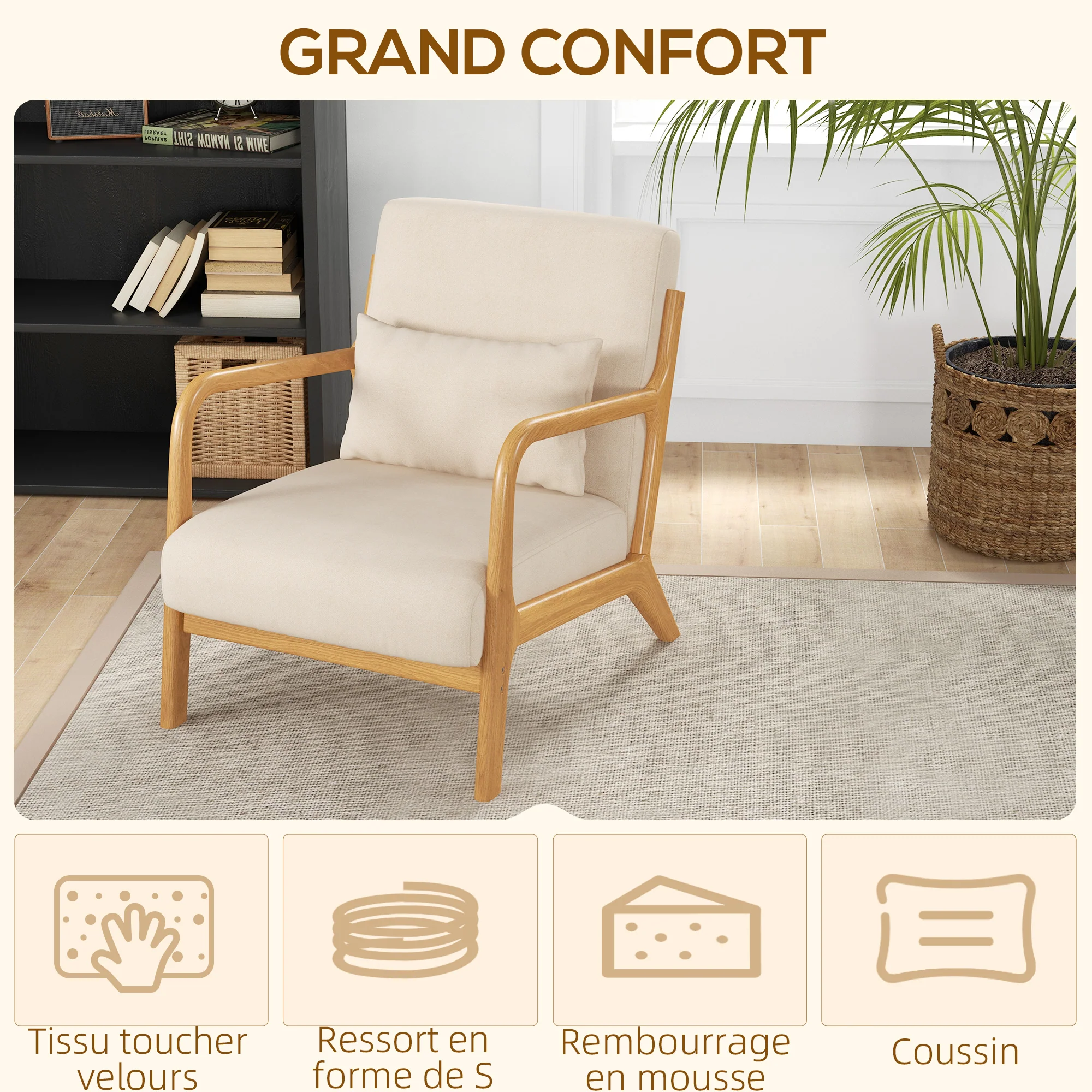 Fauteuil de salon avec cadre en bois massif fauteuil lounge - assise profonde - accoudoirs - aspect velours beige - Image 5