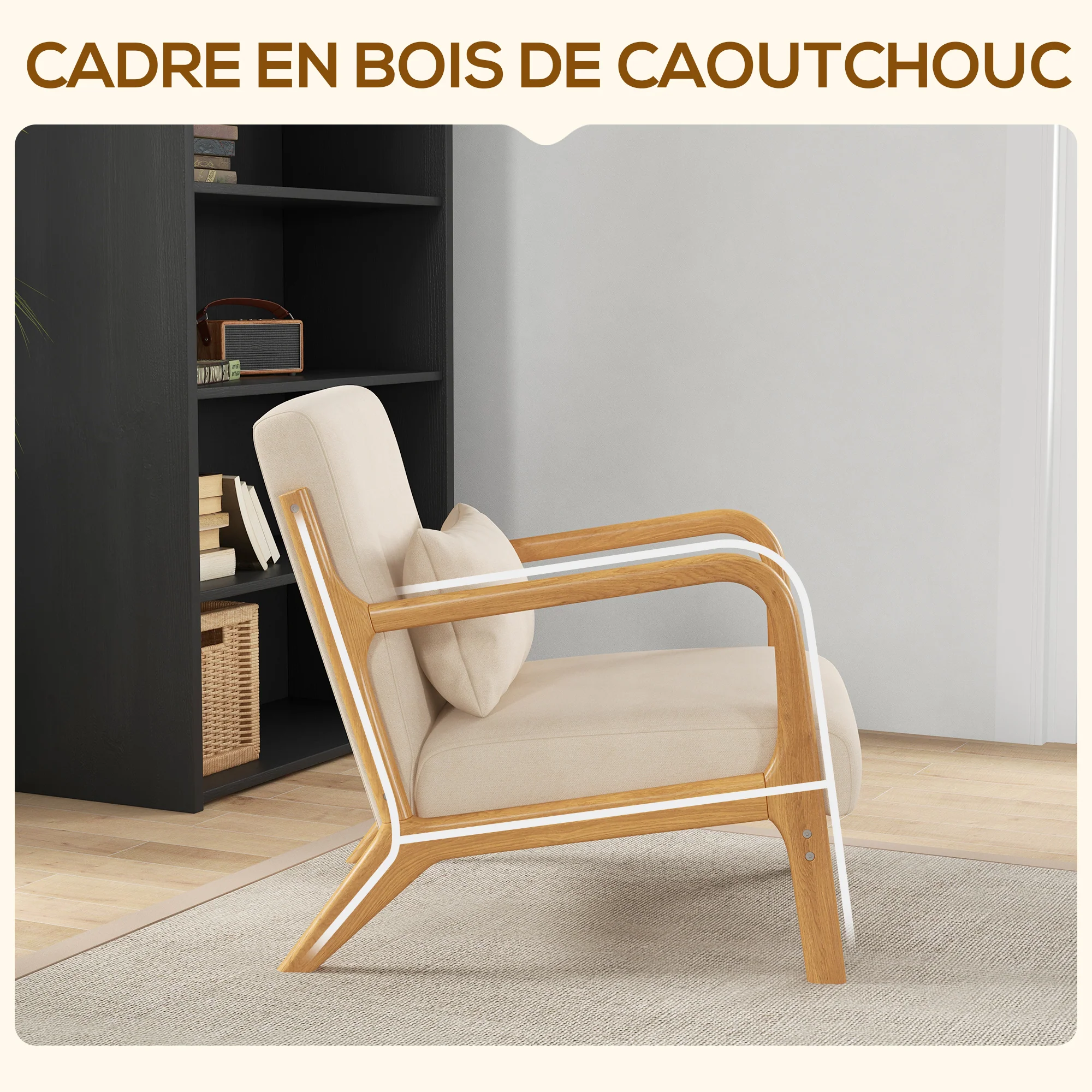Fauteuil de salon avec cadre en bois massif fauteuil lounge - assise profonde - accoudoirs - aspect velours beige - Image 6