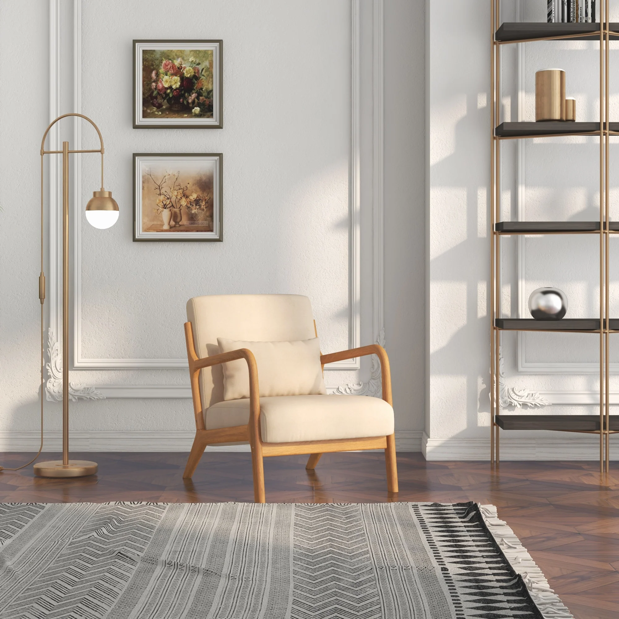 Fauteuil de salon avec cadre en bois massif fauteuil lounge - assise profonde - accoudoirs - aspect velours beige - Image 7