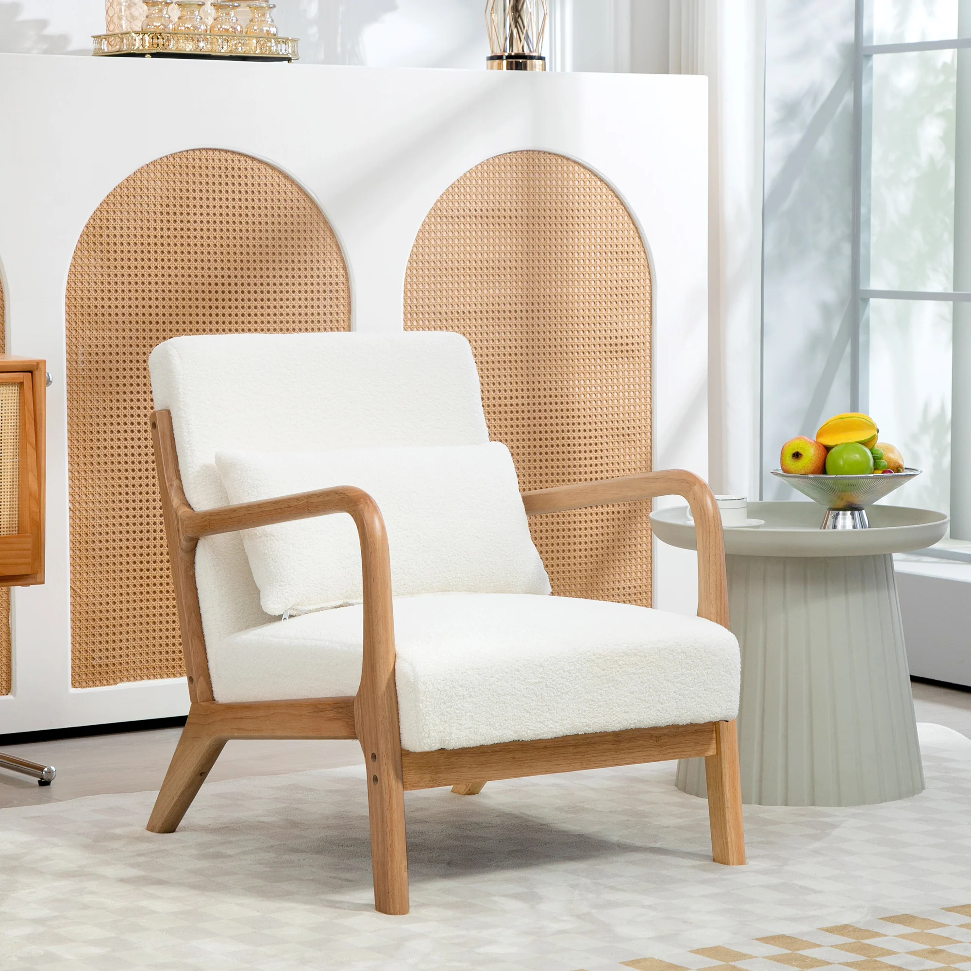 Fauteuil de salon avec cadre en bois massif fauteuil lounge - assise profonde - accoudoirs - aspect velours crème - Image 3