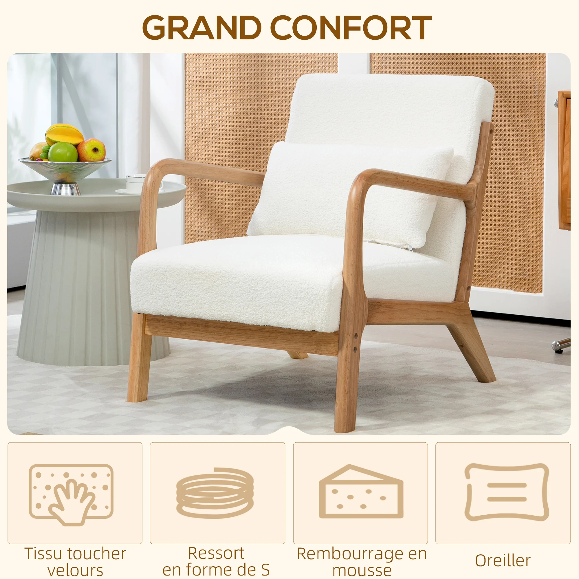 Fauteuil de salon avec cadre en bois massif fauteuil lounge - assise profonde - accoudoirs - aspect velours crème - Image 5