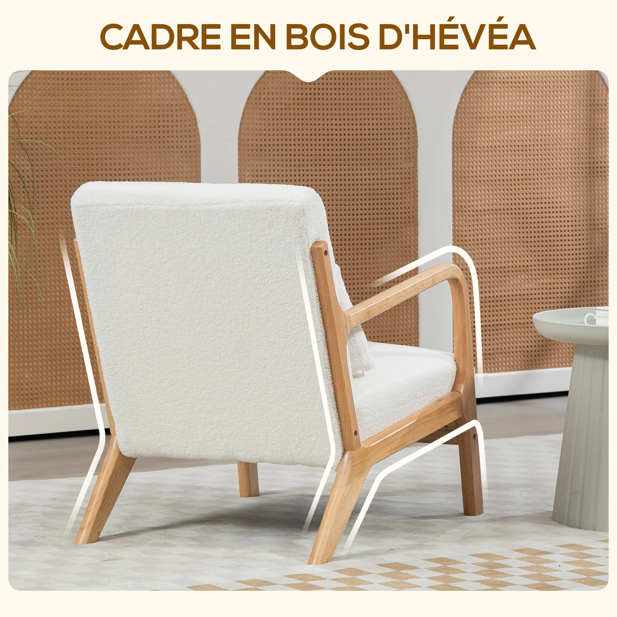 Fauteuil de salon avec cadre en bois massif fauteuil lounge - assise profonde - accoudoirs - aspect velours crème - Image 6