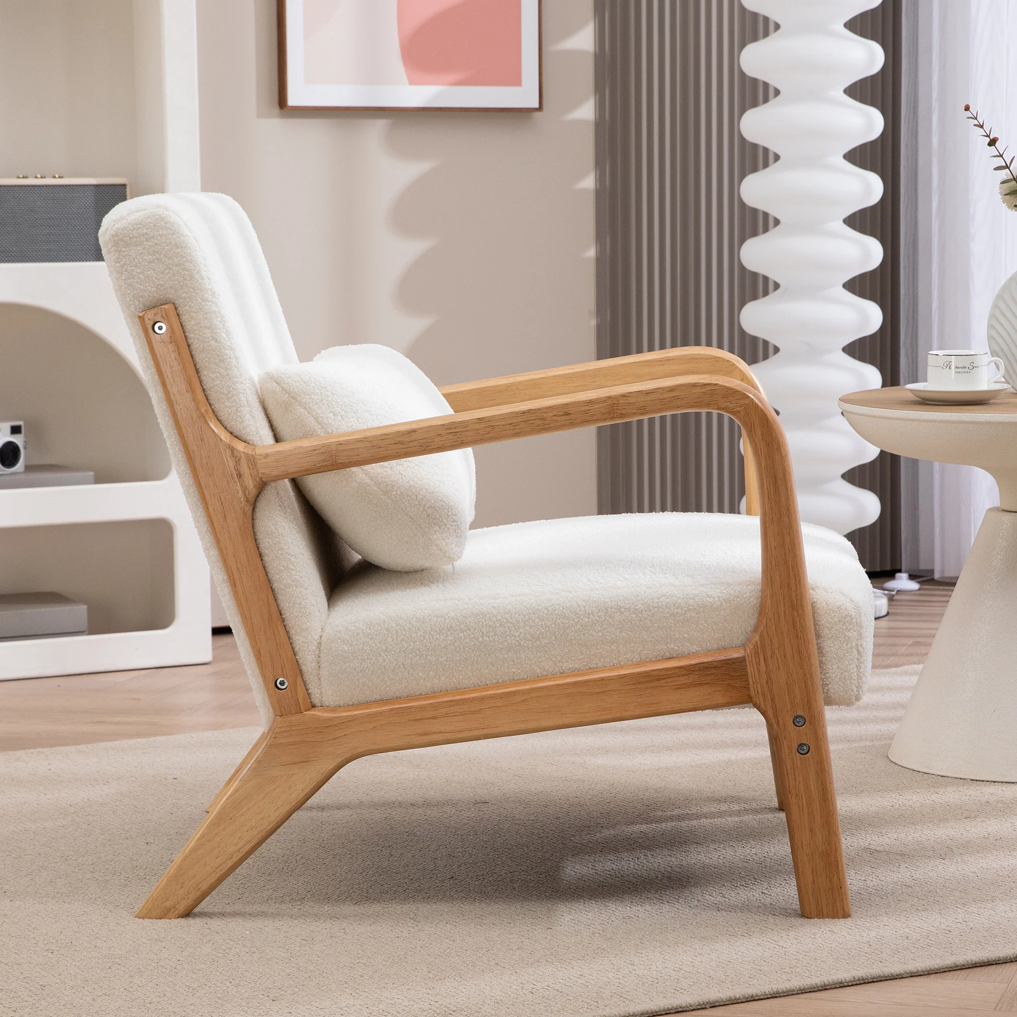 Fauteuil de salon avec cadre en bois massif fauteuil lounge - assise profonde - accoudoirs - aspect velours crème - Image 7