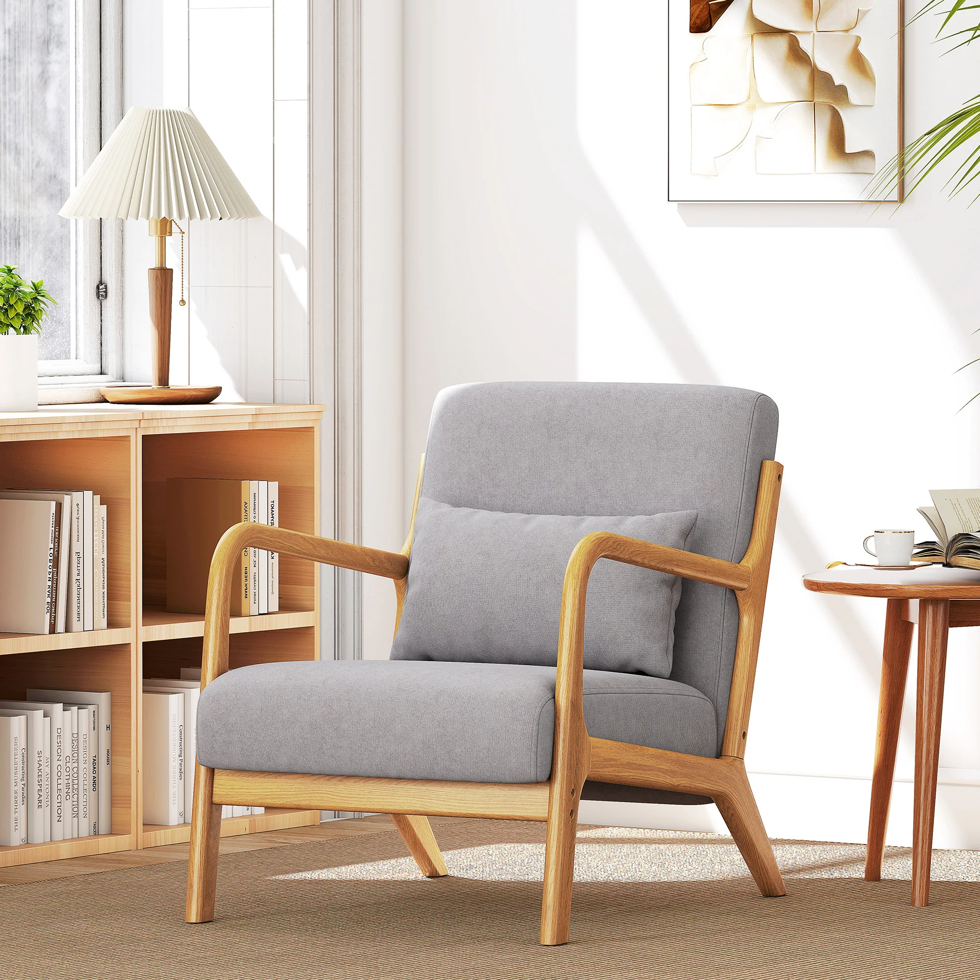 Fauteuil de salon avec cadre en bois massif fauteuil lounge - assise profonde - accoudoirs - aspect velours gris - Image 10