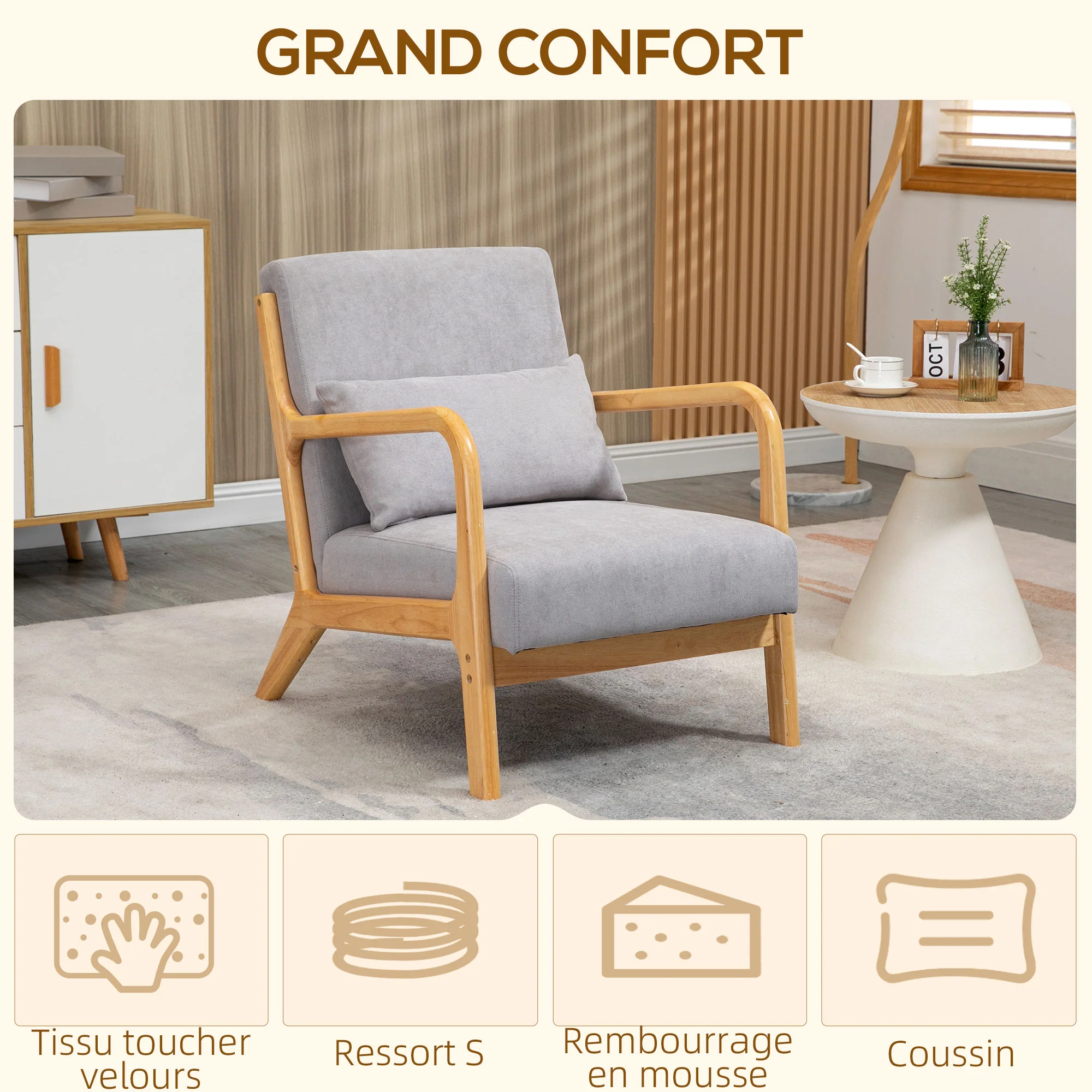 Fauteuil de salon avec cadre en bois massif fauteuil lounge - assise profonde - accoudoirs - aspect velours gris - Image 5