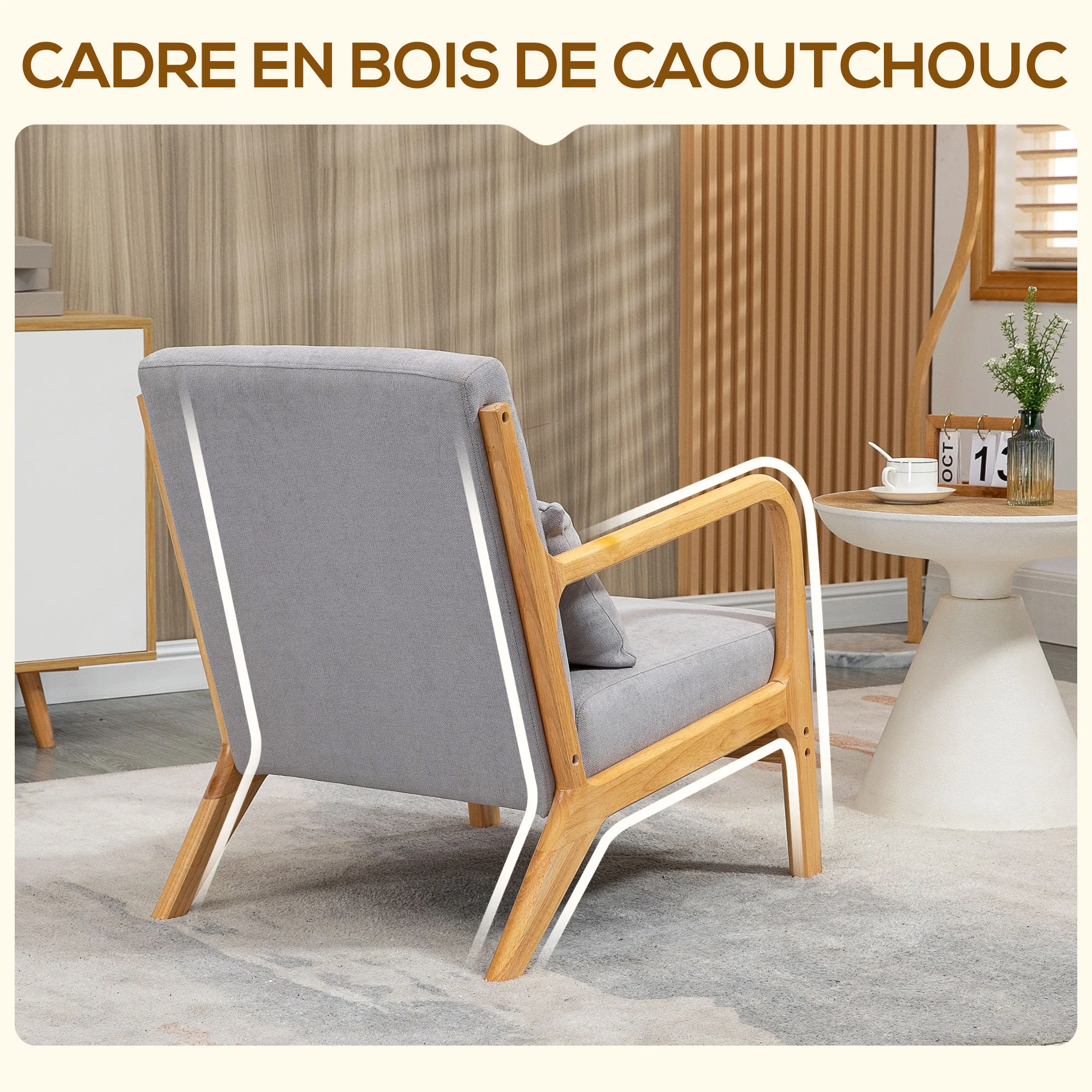 Fauteuil de salon avec cadre en bois massif fauteuil lounge - assise profonde - accoudoirs - aspect velours gris - Image 6
