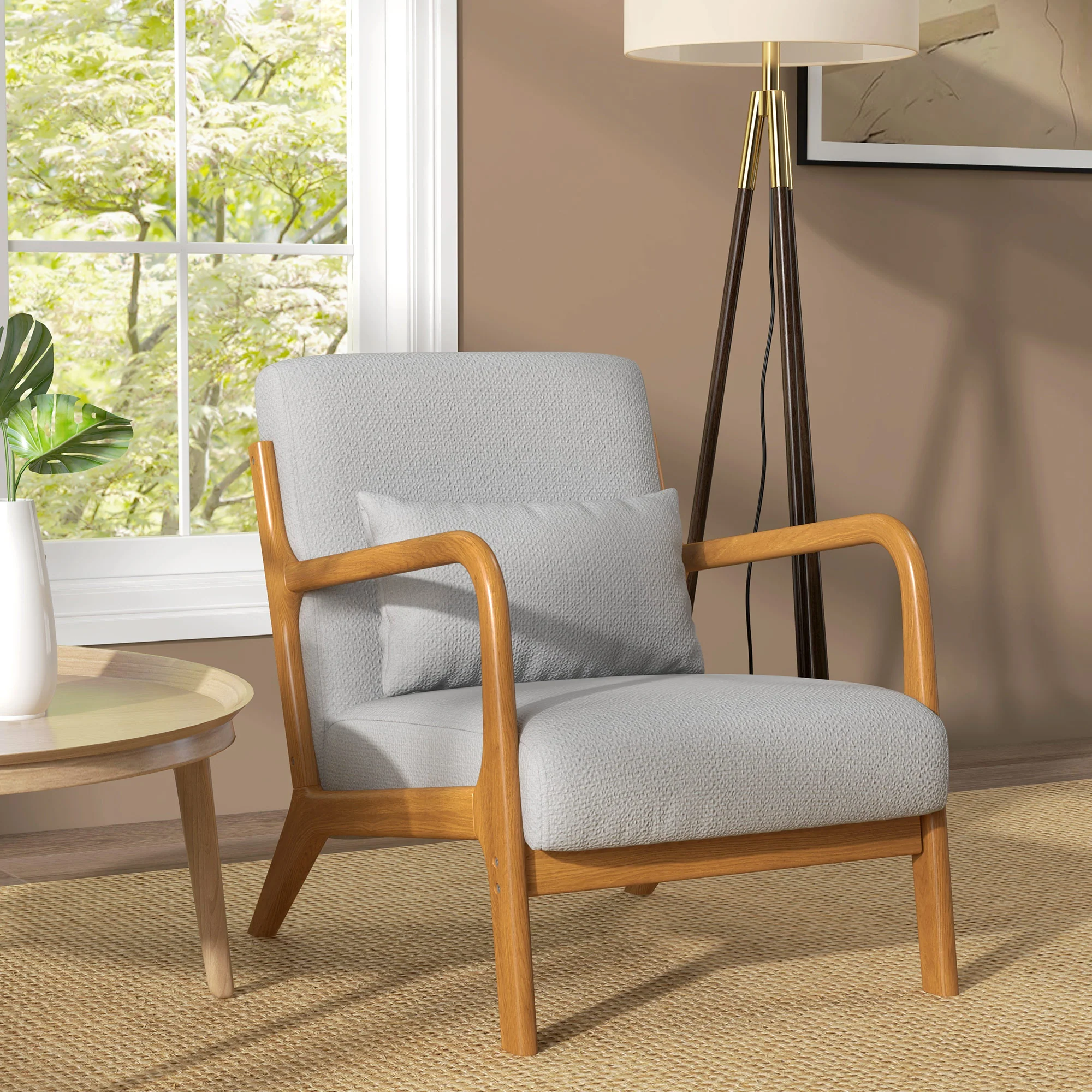 Fauteuil de salon avec cadre en bois massif fauteuil lounge - assise profonde - accoudoirs - aspect velours gris clair - Image 3