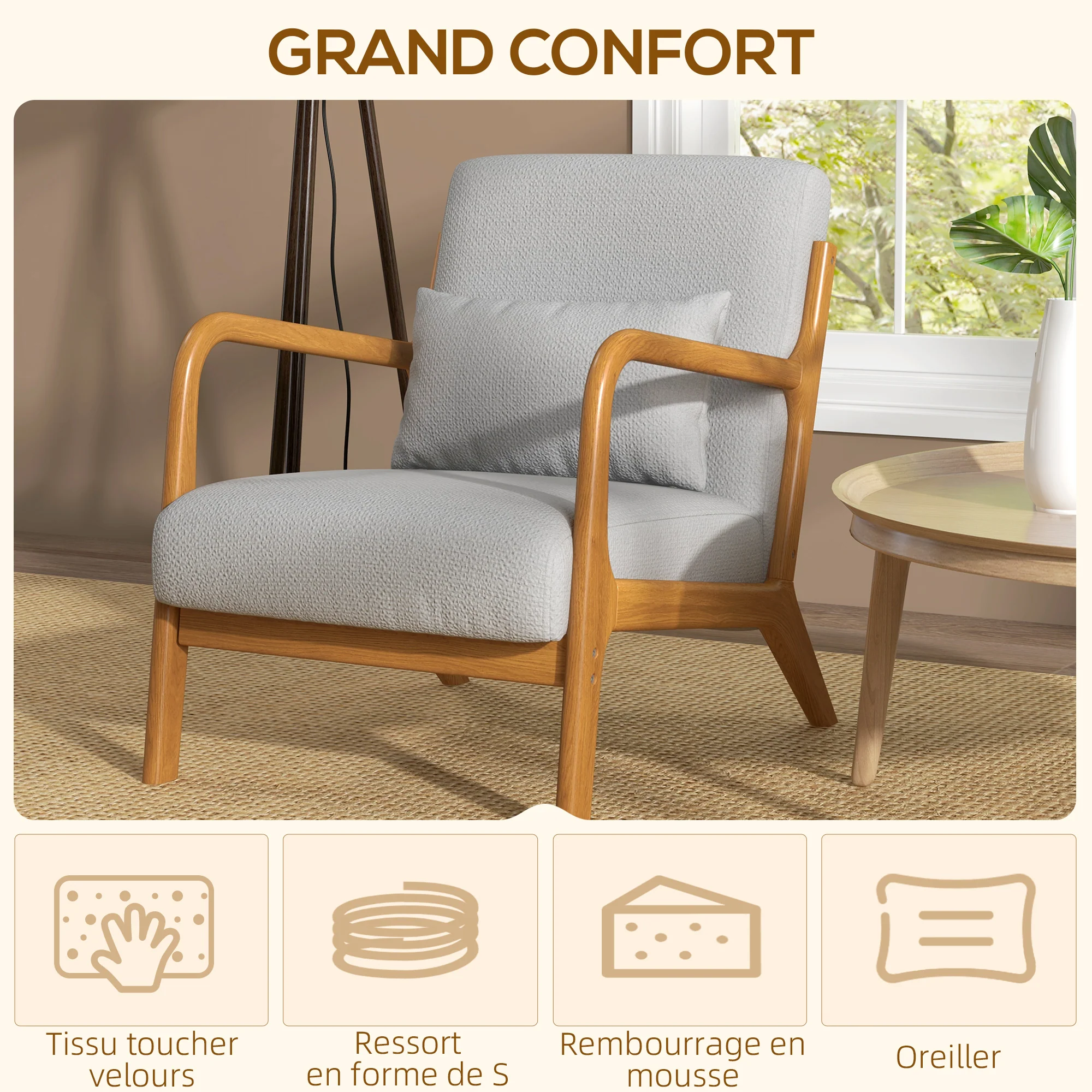Fauteuil de salon avec cadre en bois massif fauteuil lounge - assise profonde - accoudoirs - aspect velours gris clair - Image 5
