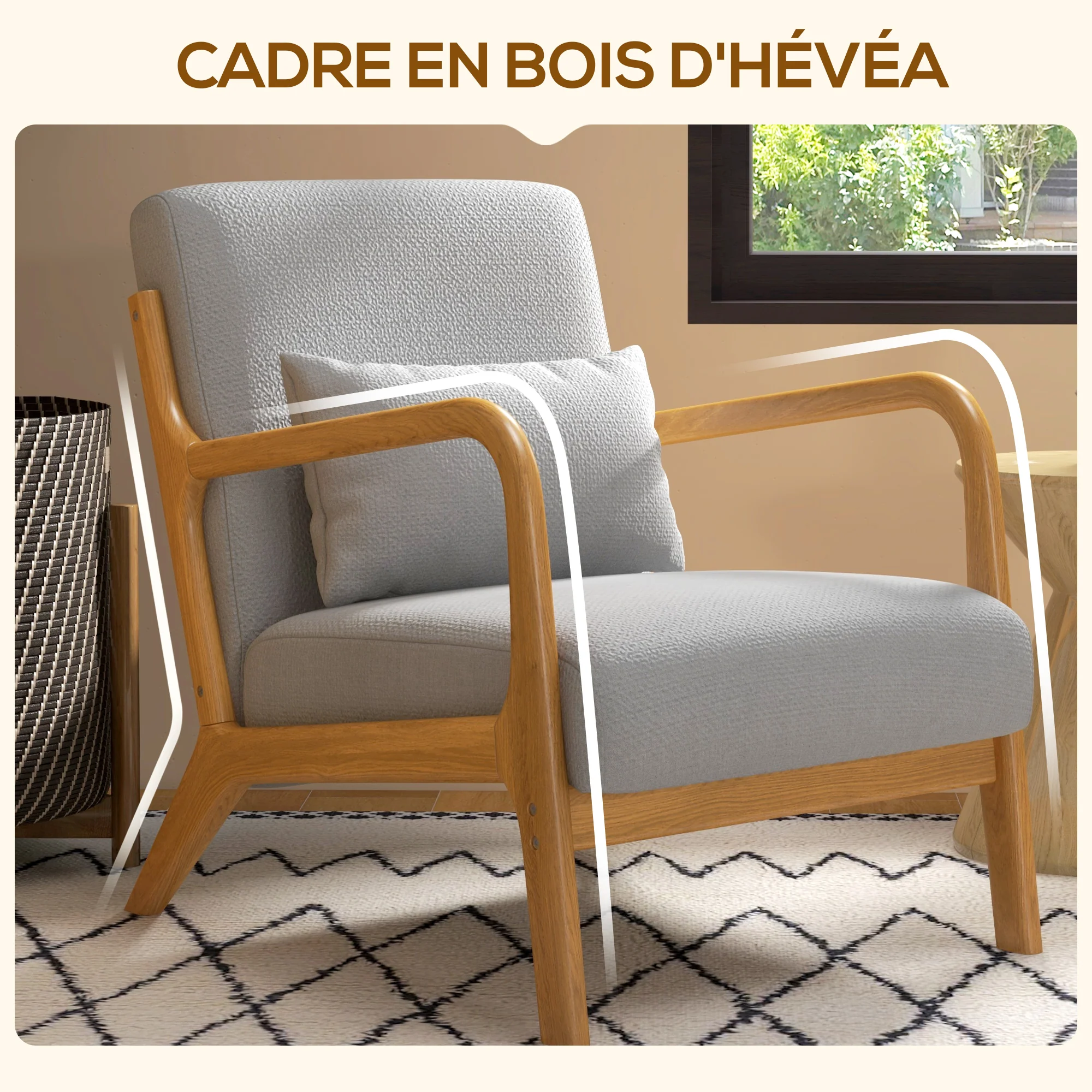 Fauteuil de salon avec cadre en bois massif fauteuil lounge - assise profonde - accoudoirs - aspect velours gris clair - Image 6