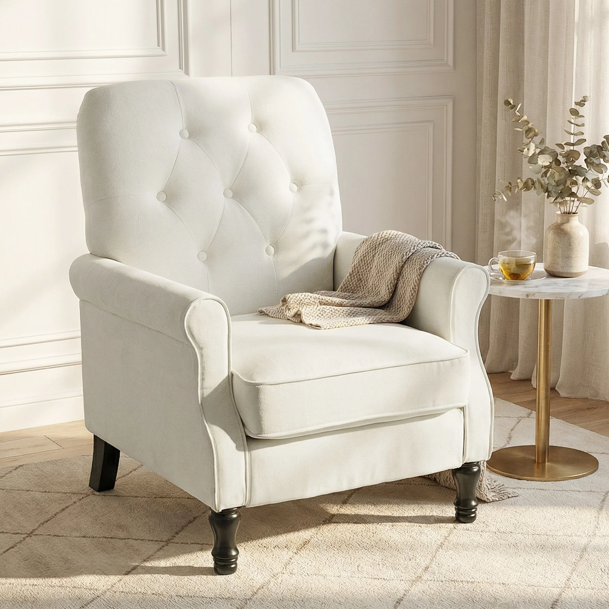 Fauteuil de salon, canapé 1 place avec assise rembourrée épaisse, coussin à ressorts, pieds en bois, style moderne médiéval, tissu en lin, pour chambre, salon, appartement, crème - Image 3