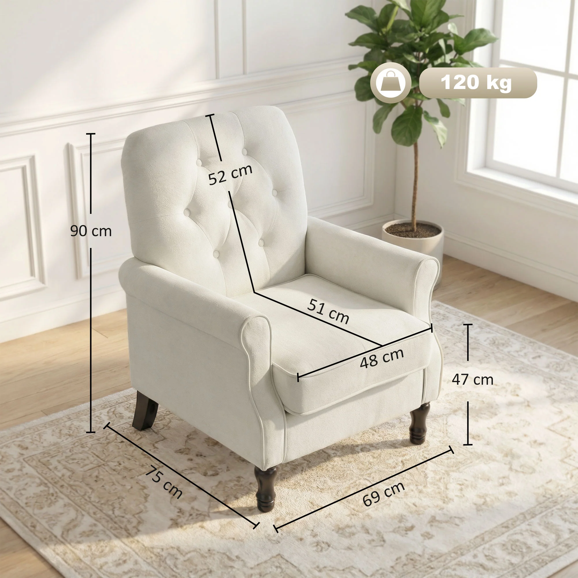 Fauteuil de salon, canapé 1 place avec assise rembourrée épaisse, coussin à ressorts, pieds en bois, style moderne médiéval, tissu en lin, pour chambre, salon, appartement, crème - Image 4
