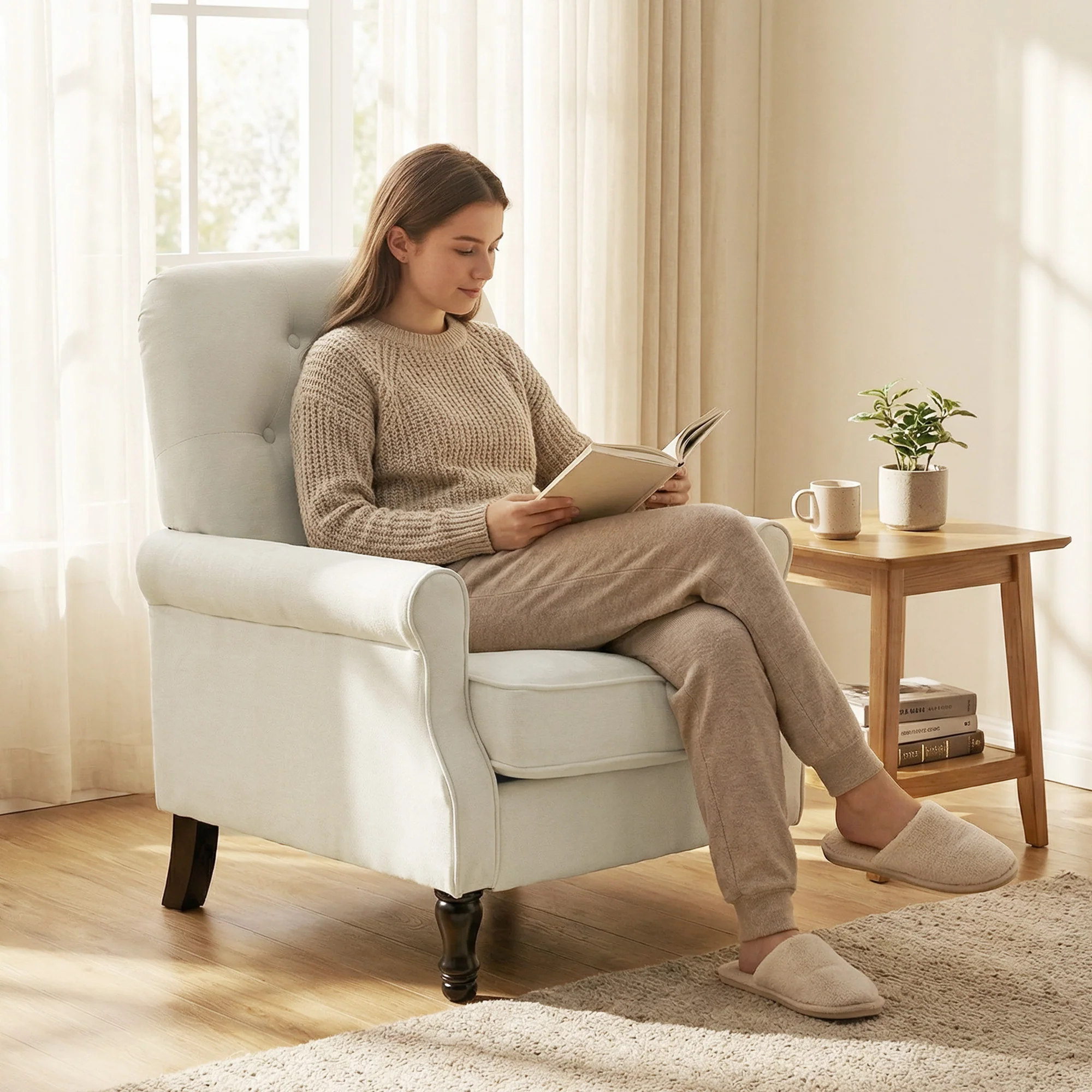 Fauteuil de salon, canapé 1 place avec assise rembourrée épaisse, coussin à ressorts, pieds en bois, style moderne médiéval, tissu en lin, pour chambre, salon, appartement, crème - Image 8