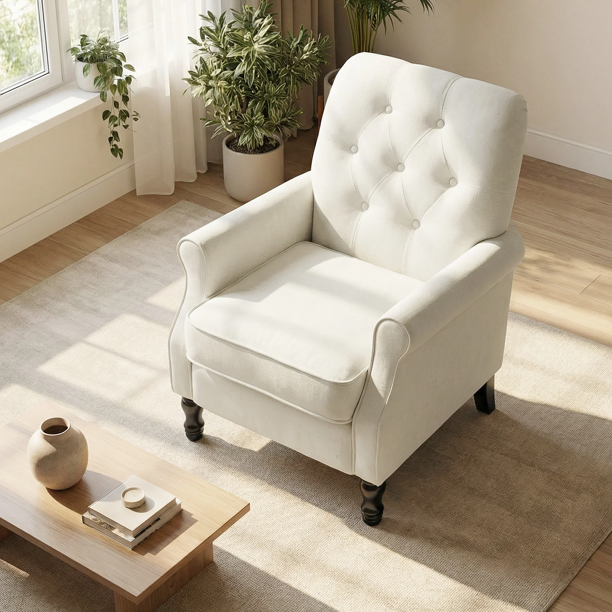 Fauteuil de salon, canapé 1 place avec assise rembourrée épaisse, coussin à ressorts, pieds en bois, style moderne médiéval, tissu en lin, pour chambre, salon, appartement, crème - Image 9
