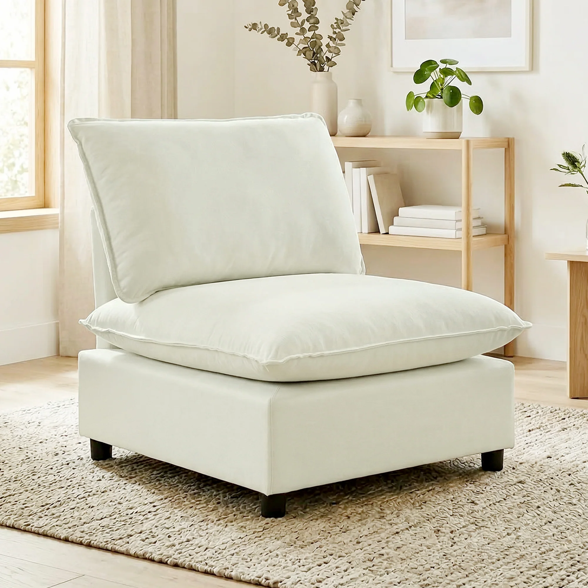 Fauteuil de salon, canapé 1 place moderne sans accoudoirs avec assise large, coussins épais, tissu en lin, fauteuil de lecture pour chambre, salon,petit espace, crème - Image 10