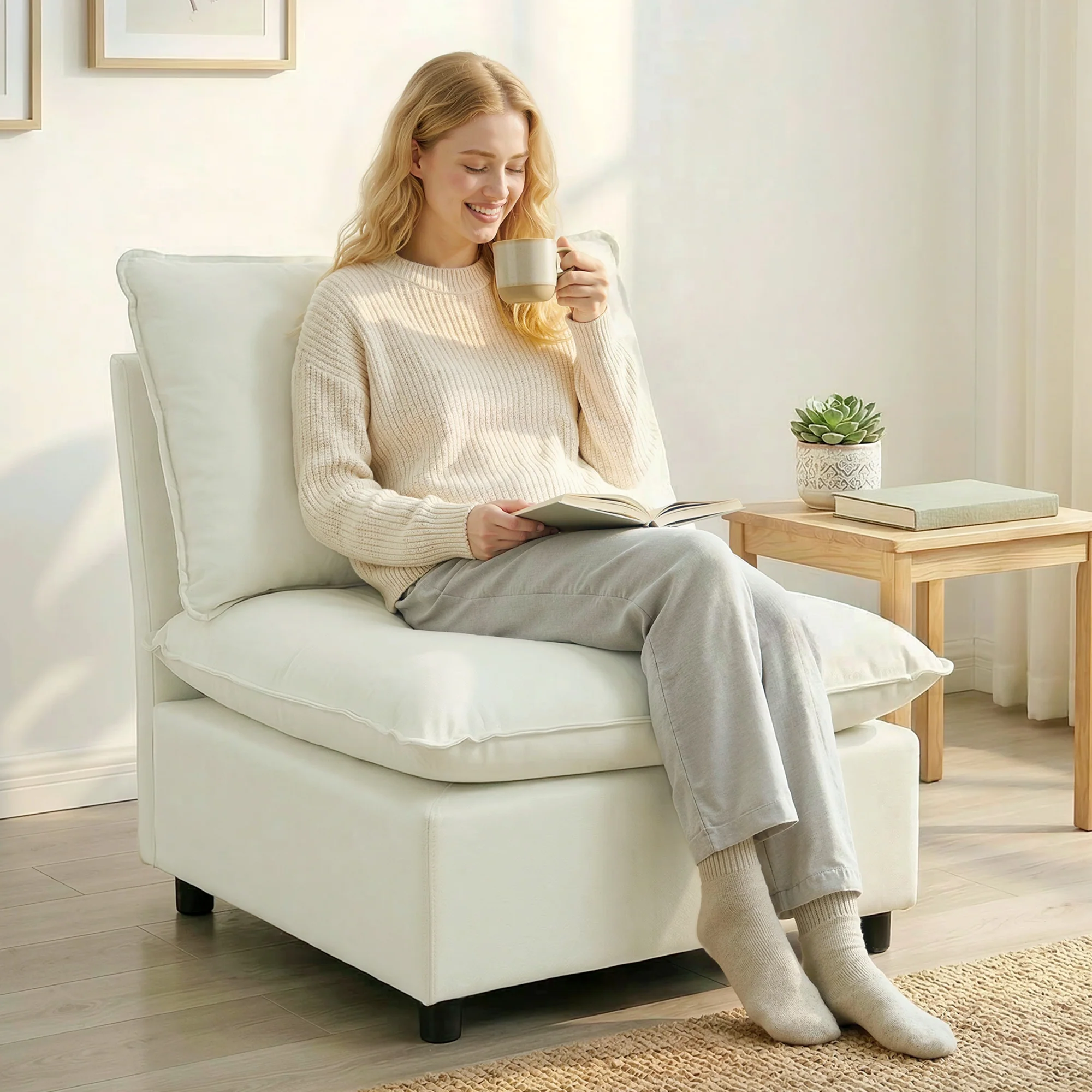 Fauteuil de salon, canapé 1 place moderne sans accoudoirs avec assise large, coussins épais, tissu en lin, fauteuil de lecture pour chambre, salon,petit espace, crème - Image 3