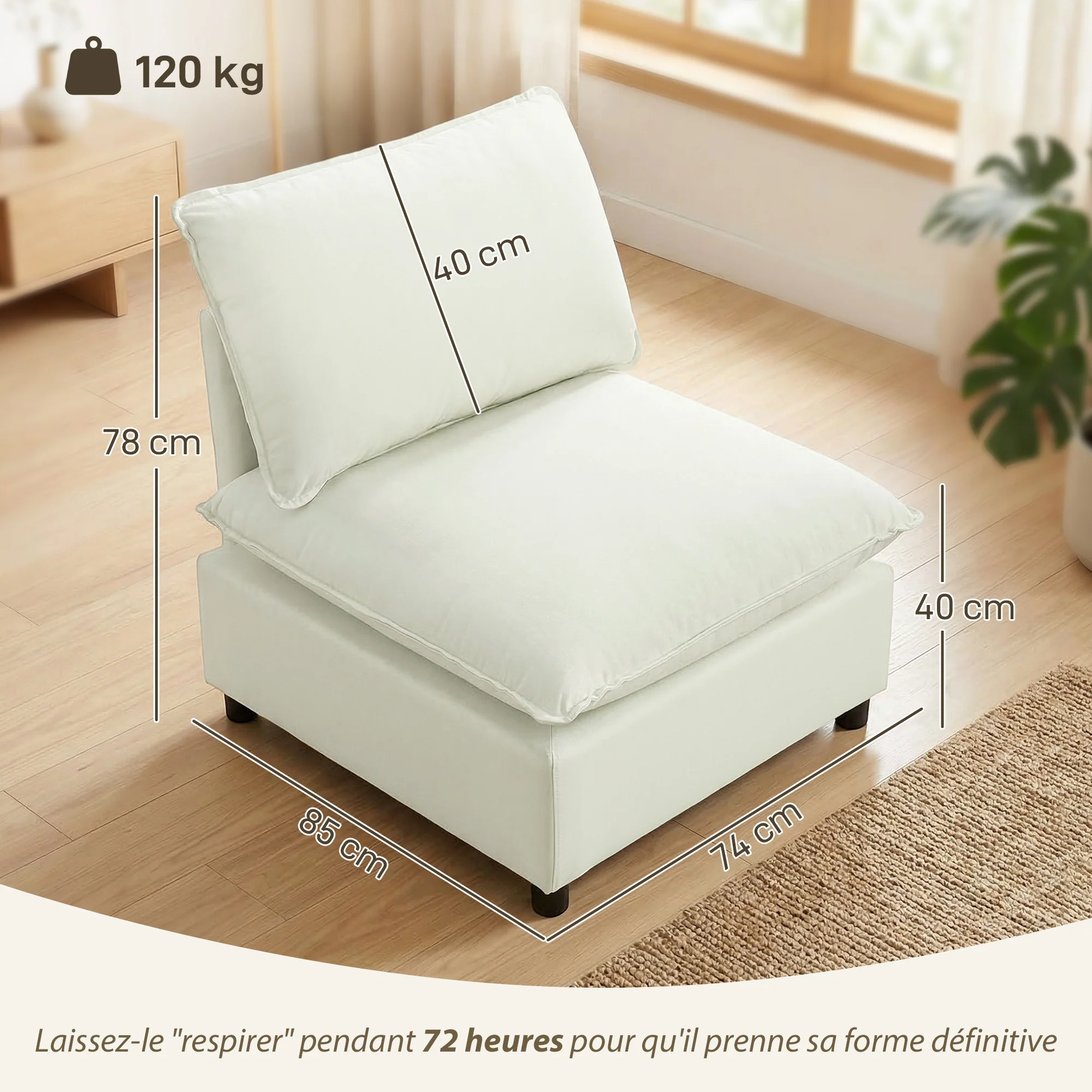 Fauteuil de salon, canapé 1 place moderne sans accoudoirs avec assise large, coussins épais, tissu en lin, fauteuil de lecture pour chambre, salon,petit espace, crème - Image 4