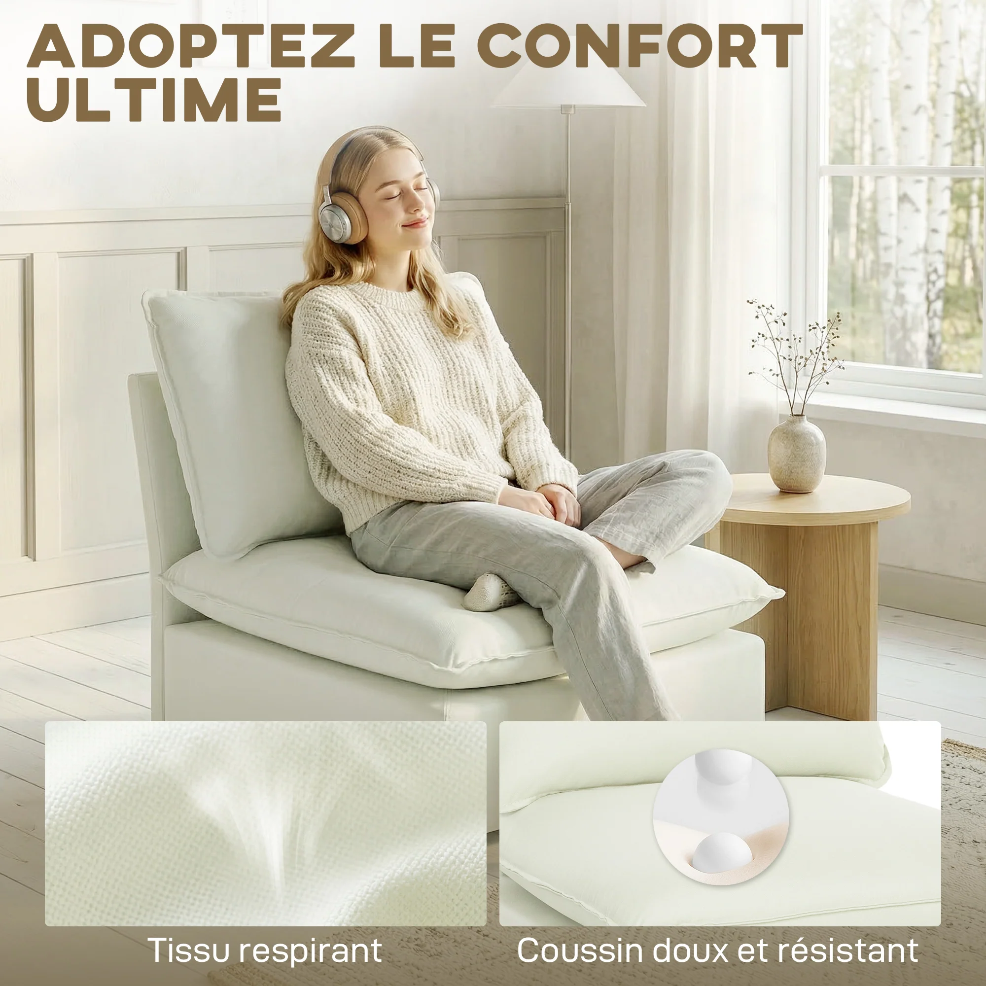 Fauteuil de salon, canapé 1 place moderne sans accoudoirs avec assise large, coussins épais, tissu en lin, fauteuil de lecture pour chambre, salon,petit espace, crème - Image 6