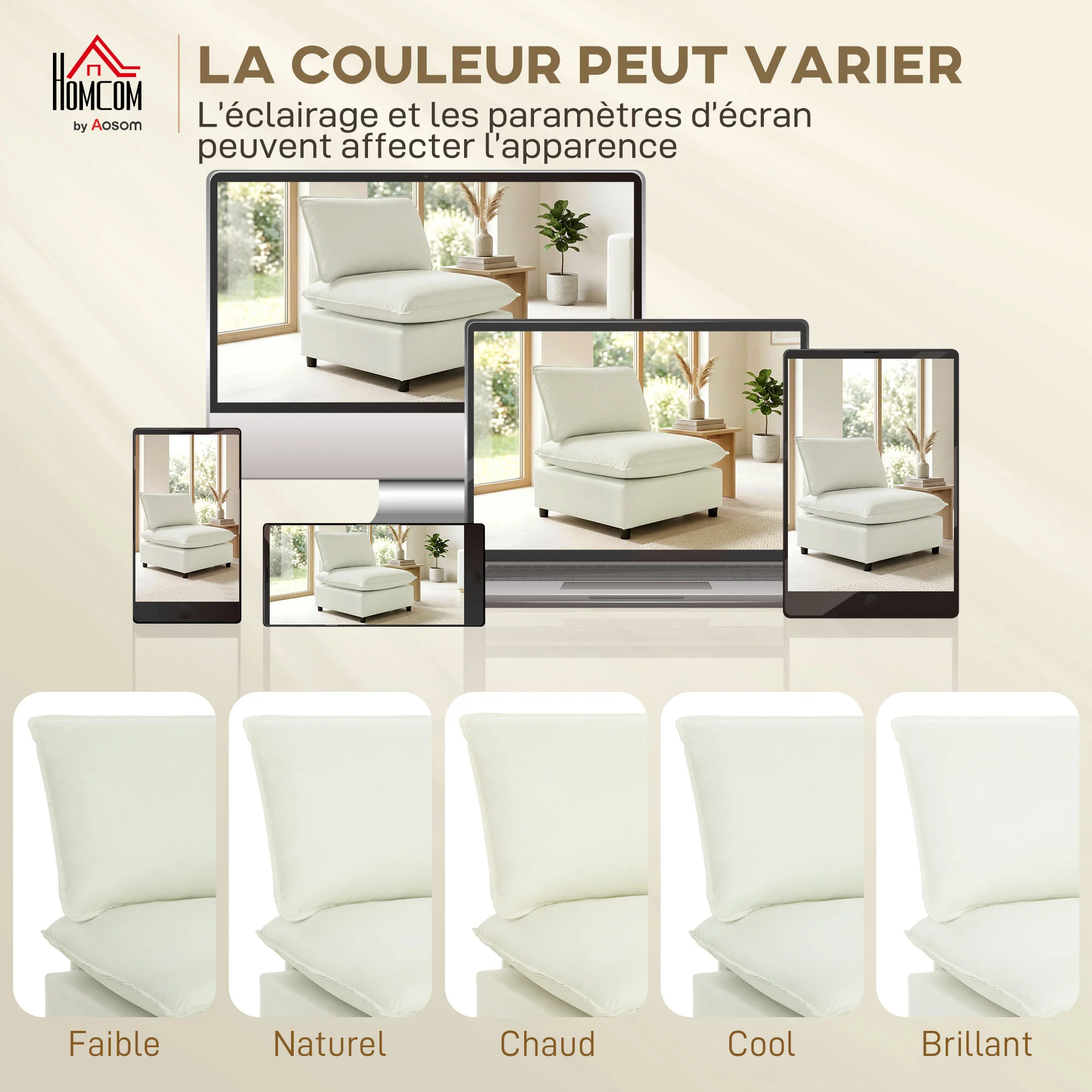 Fauteuil de salon, canapé 1 place moderne sans accoudoirs avec assise large, coussins épais, tissu en lin, fauteuil de lecture pour chambre, salon,petit espace, crème - Image 8