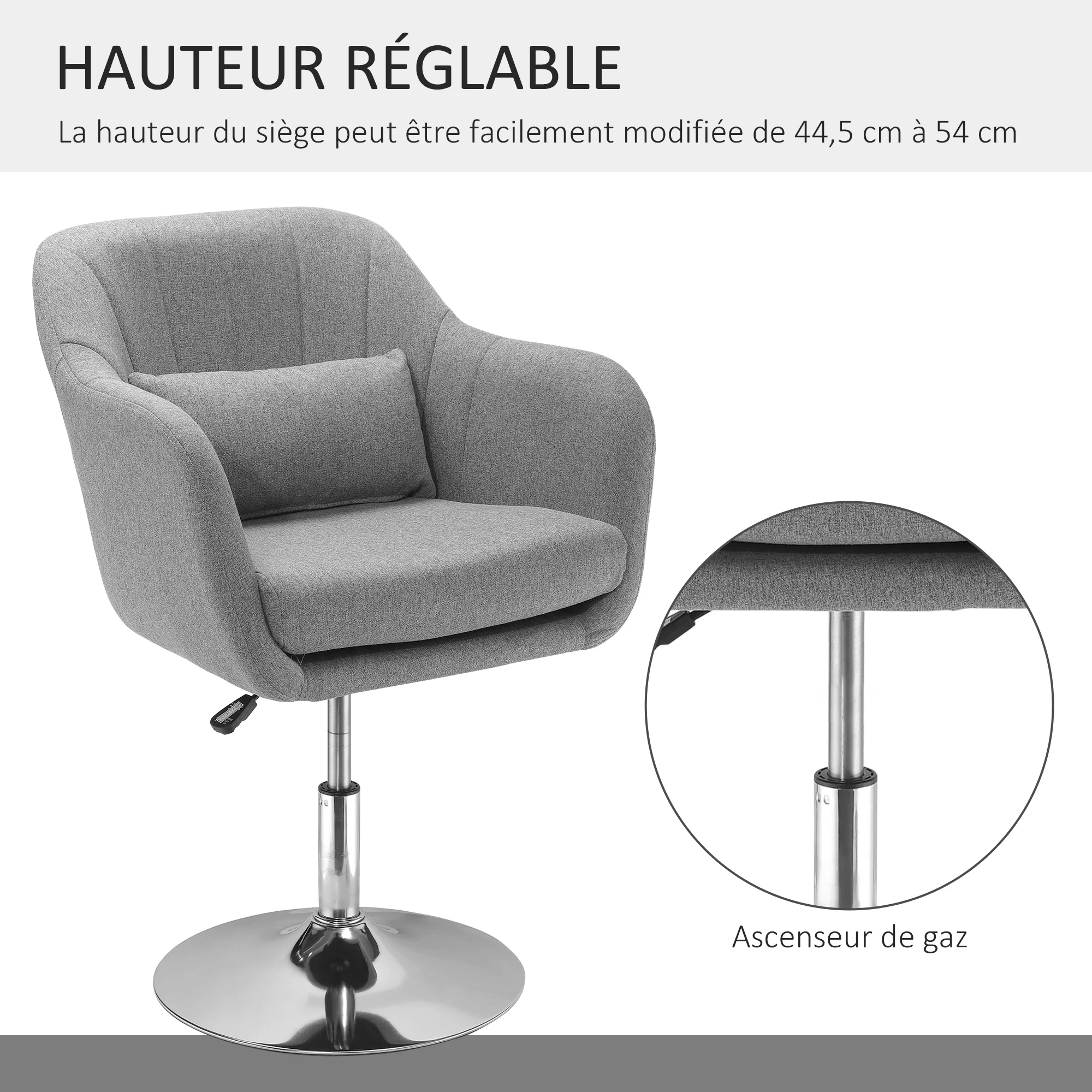 Fauteuil de salon chaise relax fauteuil de chambre grand confort - coussins lombaires hauteur réglable pivotant 360° piètement en métal chromé - gris - Image 5