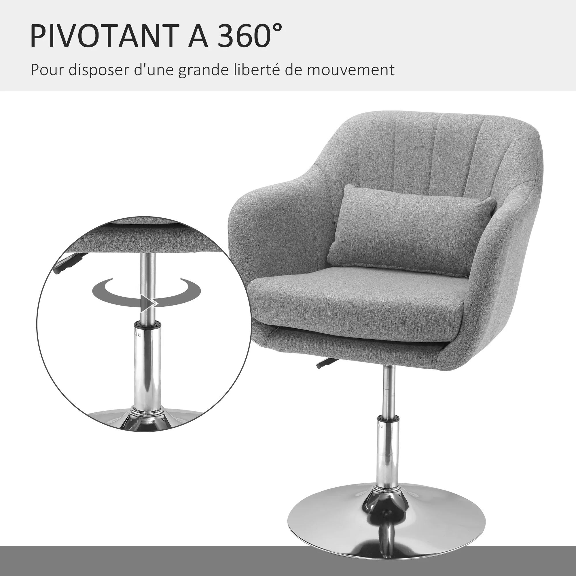 Fauteuil de salon chaise relax fauteuil de chambre grand confort - coussins lombaires hauteur réglable pivotant 360° piètement en métal chromé - gris - Image 6