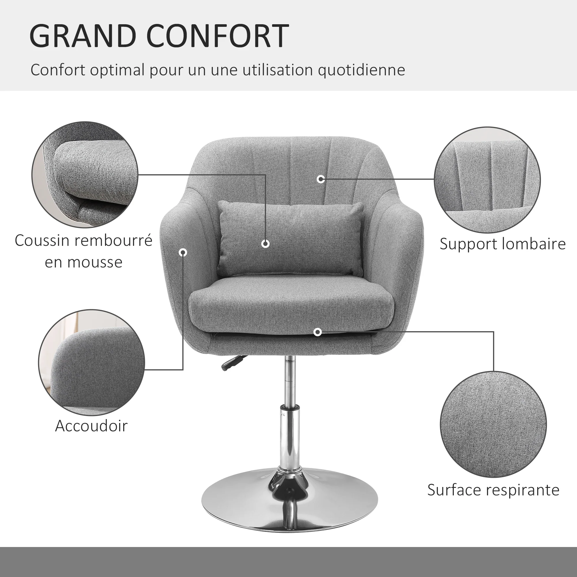 Fauteuil de salon chaise relax fauteuil de chambre grand confort - coussins lombaires hauteur réglable pivotant 360° piètement en métal chromé - gris - Image 7