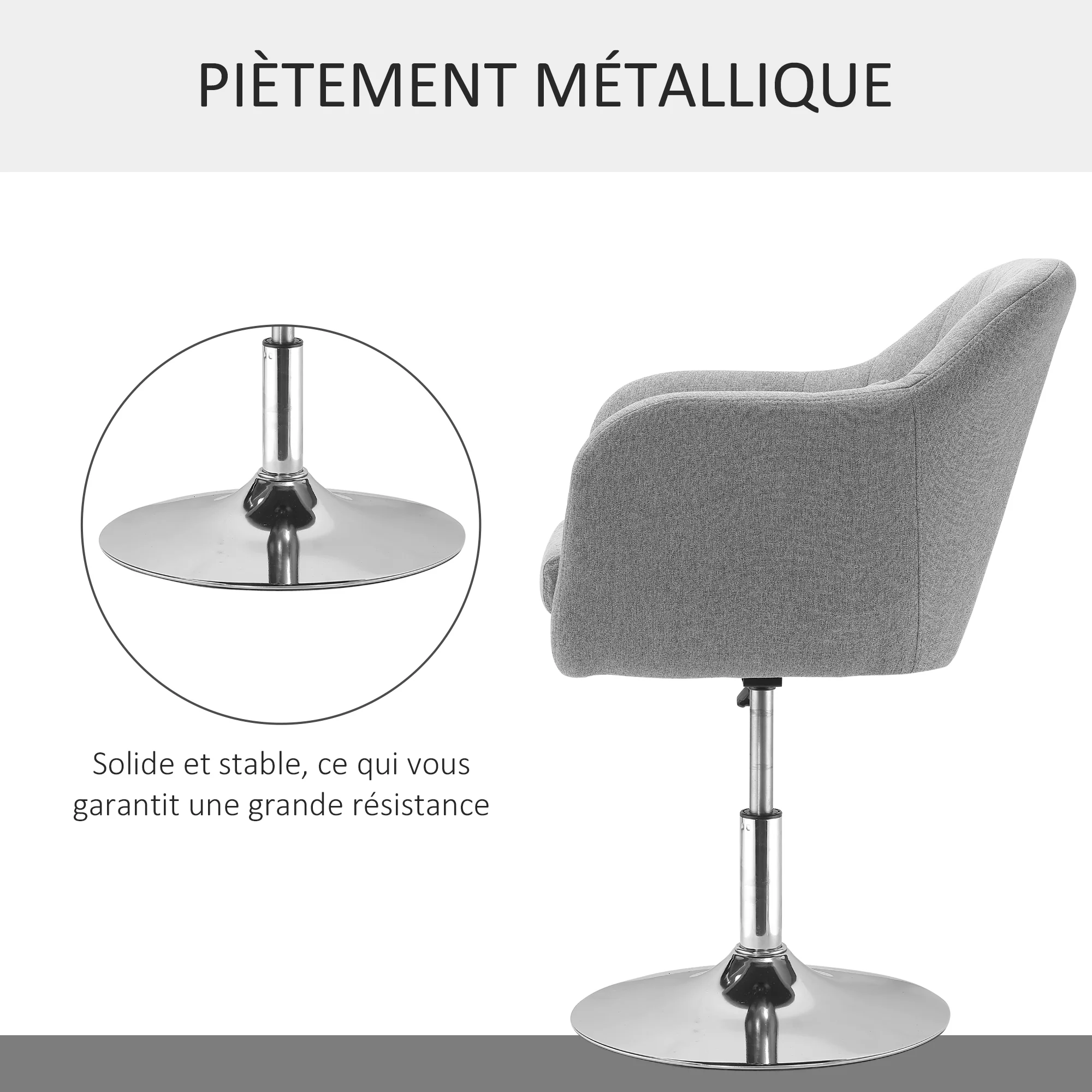 Fauteuil de salon chaise relax fauteuil de chambre grand confort - coussins lombaires hauteur réglable pivotant 360° piètement en métal chromé - gris - Image 8