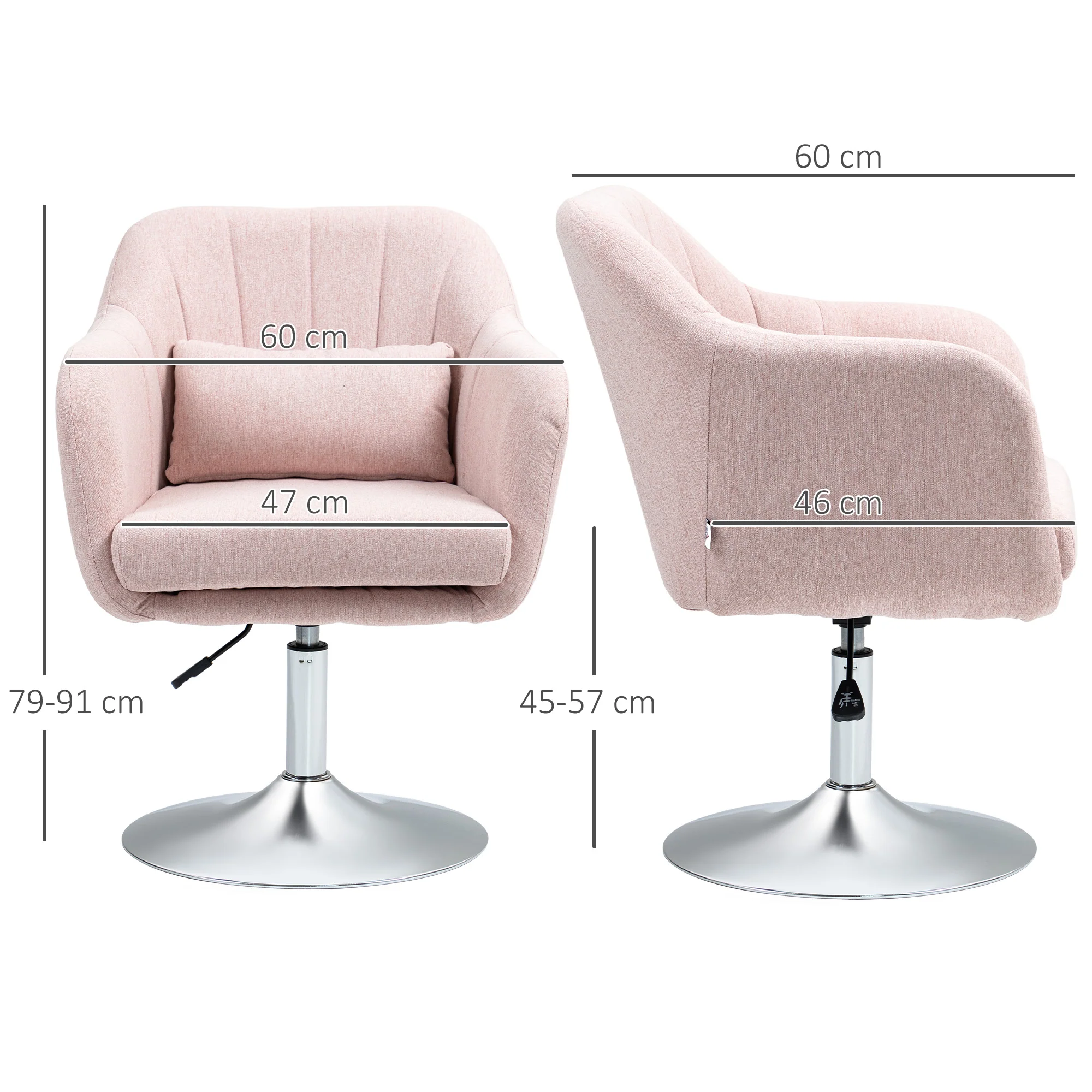 Fauteuil de salon chaise relax fauteuil de chambre grand confort - coussins lombaires hauteur réglable pivotant 360° piètement en métal chromé - rose - Image 4