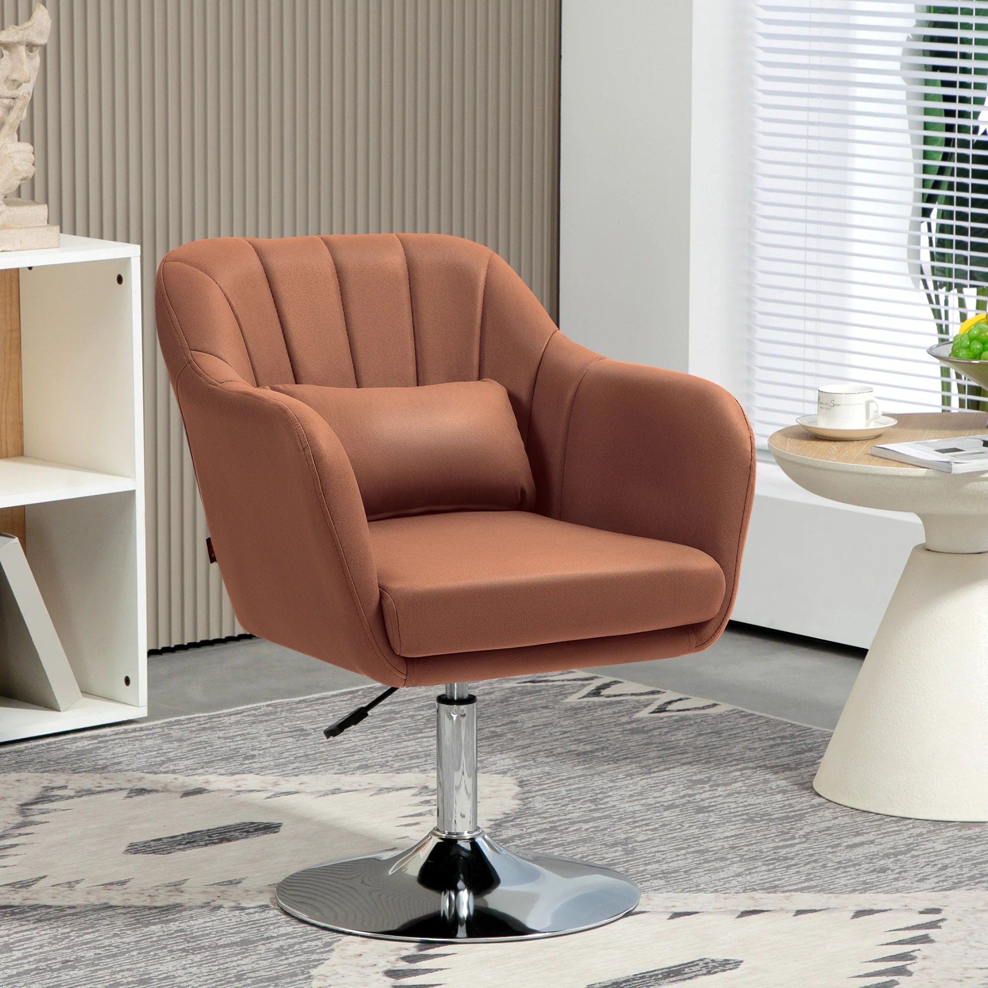 Fauteuil de salon chaise relax fauteuil de chambre grand confort - coussins lombaires hauteur réglable pivotant 360° piètement en métal chromé -marron - Image 3