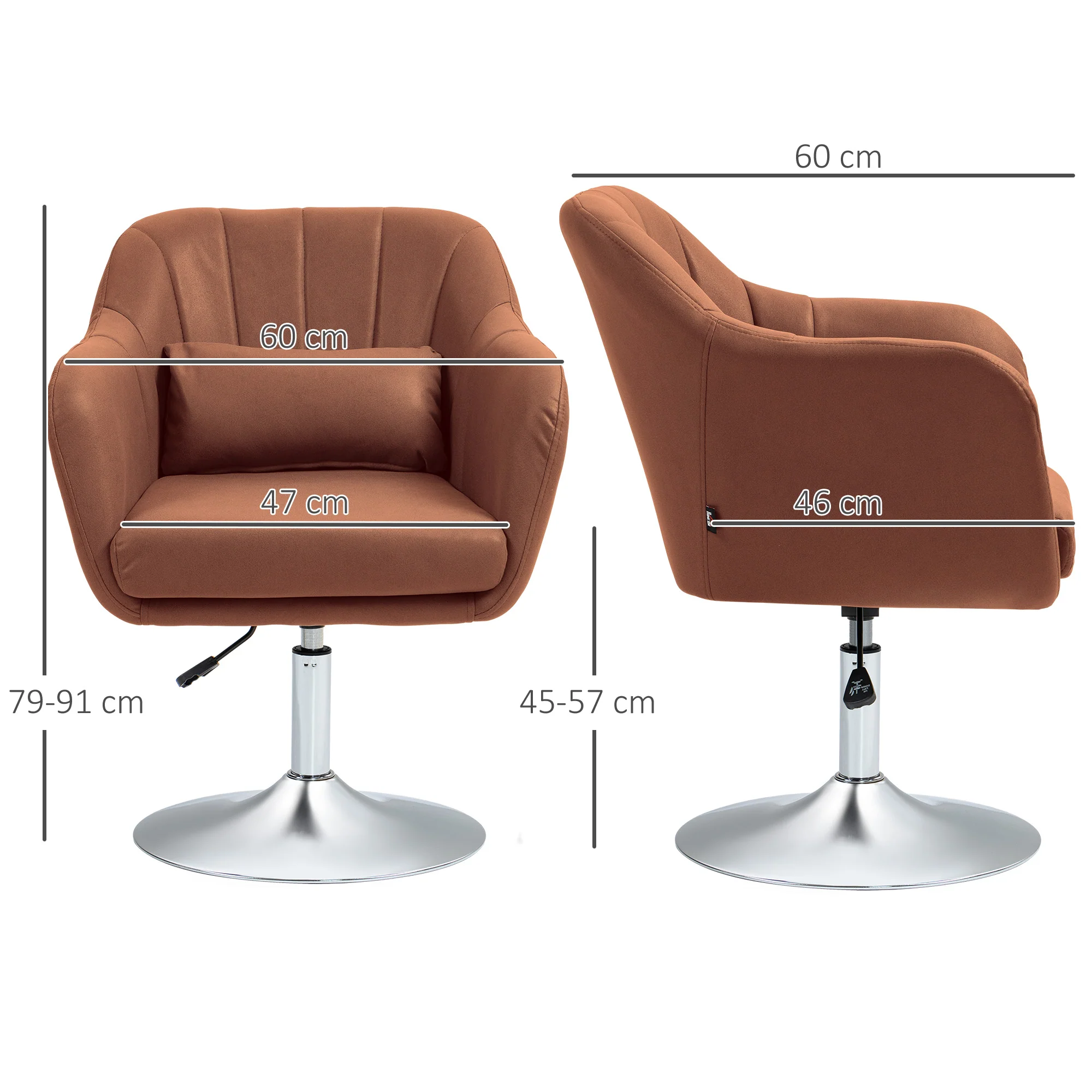 Fauteuil de salon chaise relax fauteuil de chambre grand confort - coussins lombaires hauteur réglable pivotant 360° piètement en métal chromé -marron - Image 4