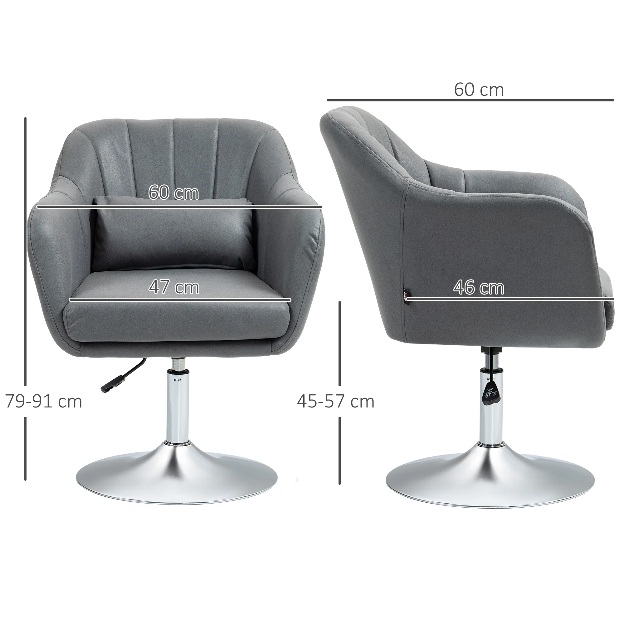 Fauteuil de salon chaise relax fauteuil de chambre grand confort - coussins lombaires hauteur réglable pivotant 360° piètement en métal chromé - gris foncé - Image 4