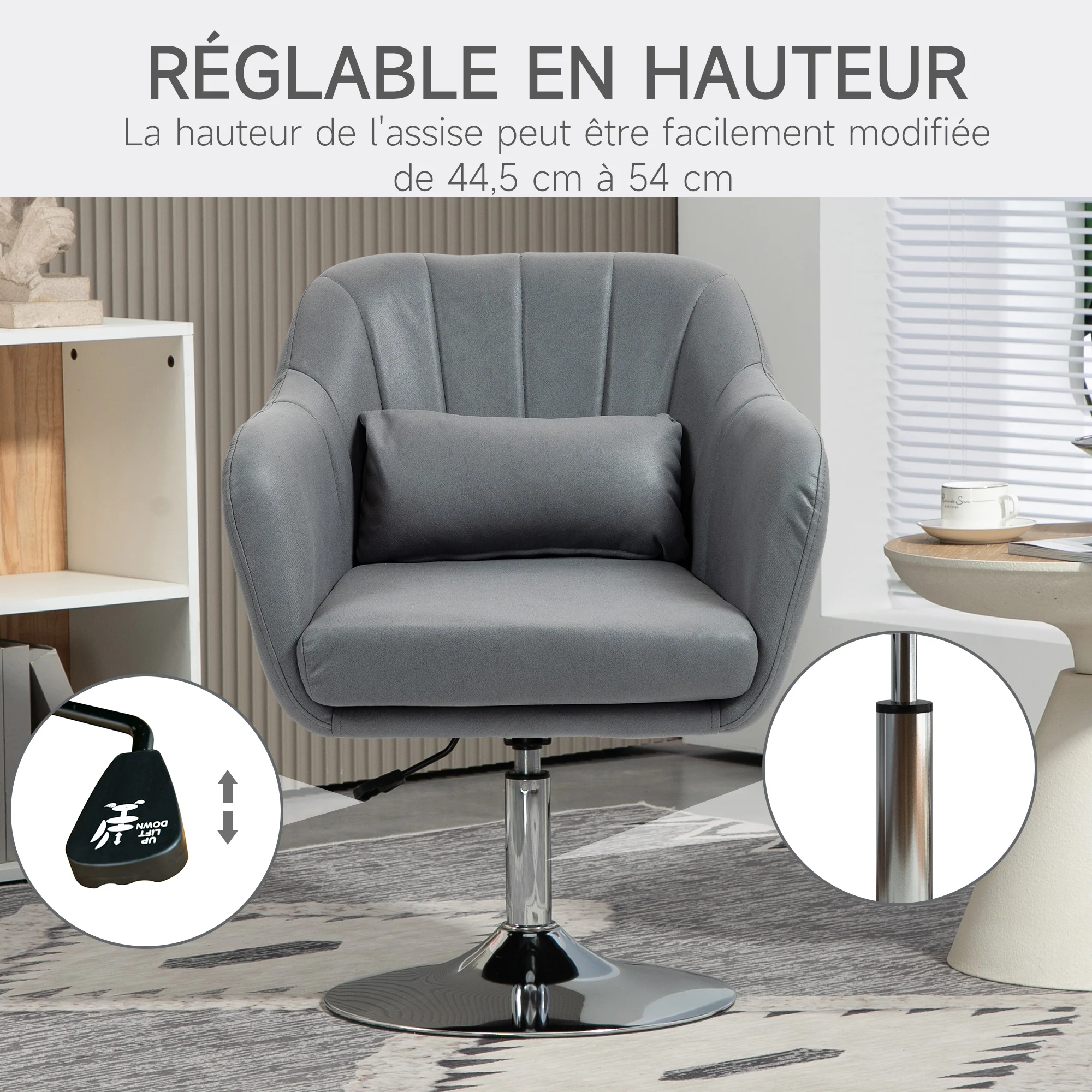 Fauteuil de salon chaise relax fauteuil de chambre grand confort - coussins lombaires hauteur réglable pivotant 360° piètement en métal chromé - gris foncé - Image 5