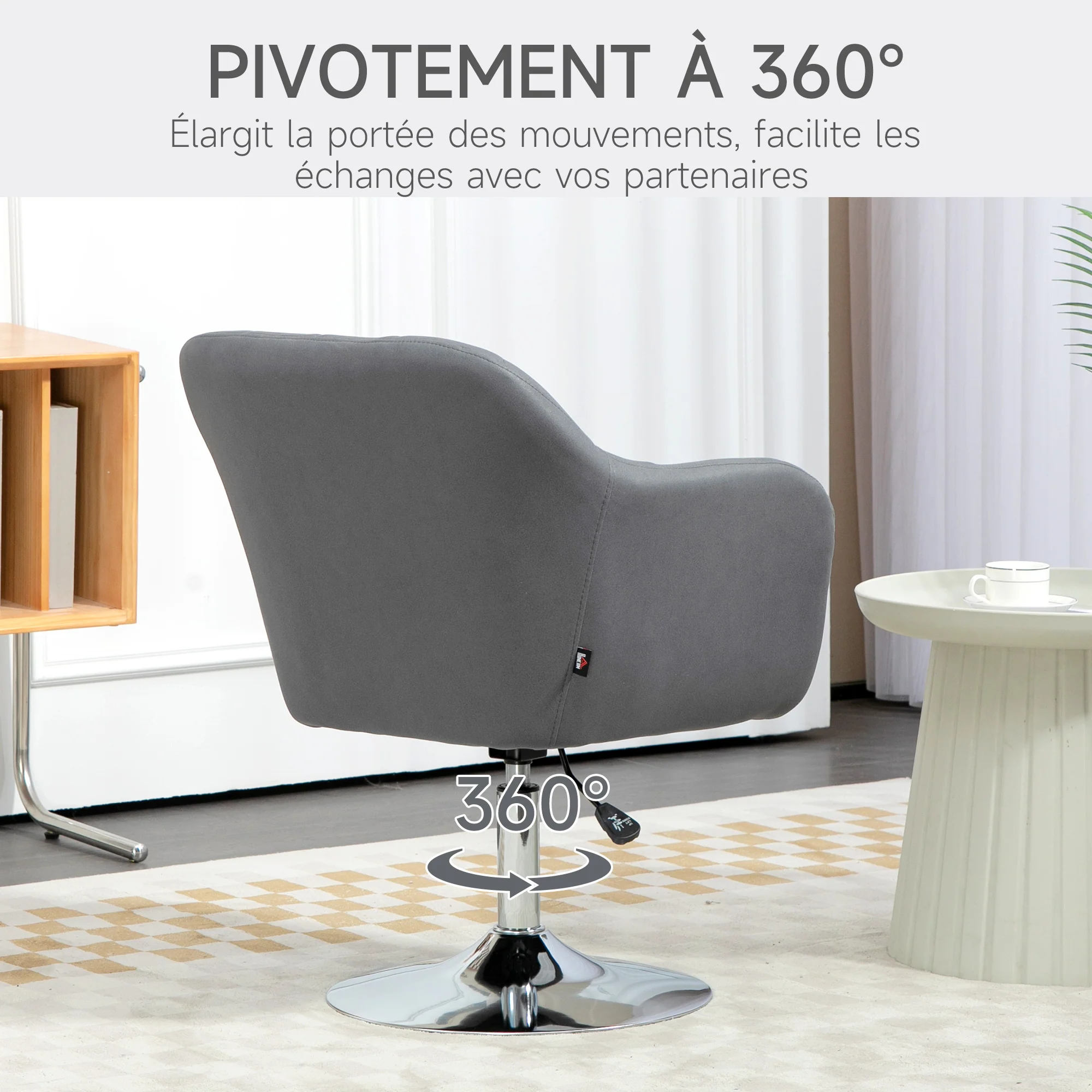 Fauteuil de salon chaise relax fauteuil de chambre grand confort - coussins lombaires hauteur réglable pivotant 360° piètement en métal chromé - gris foncé - Image 6