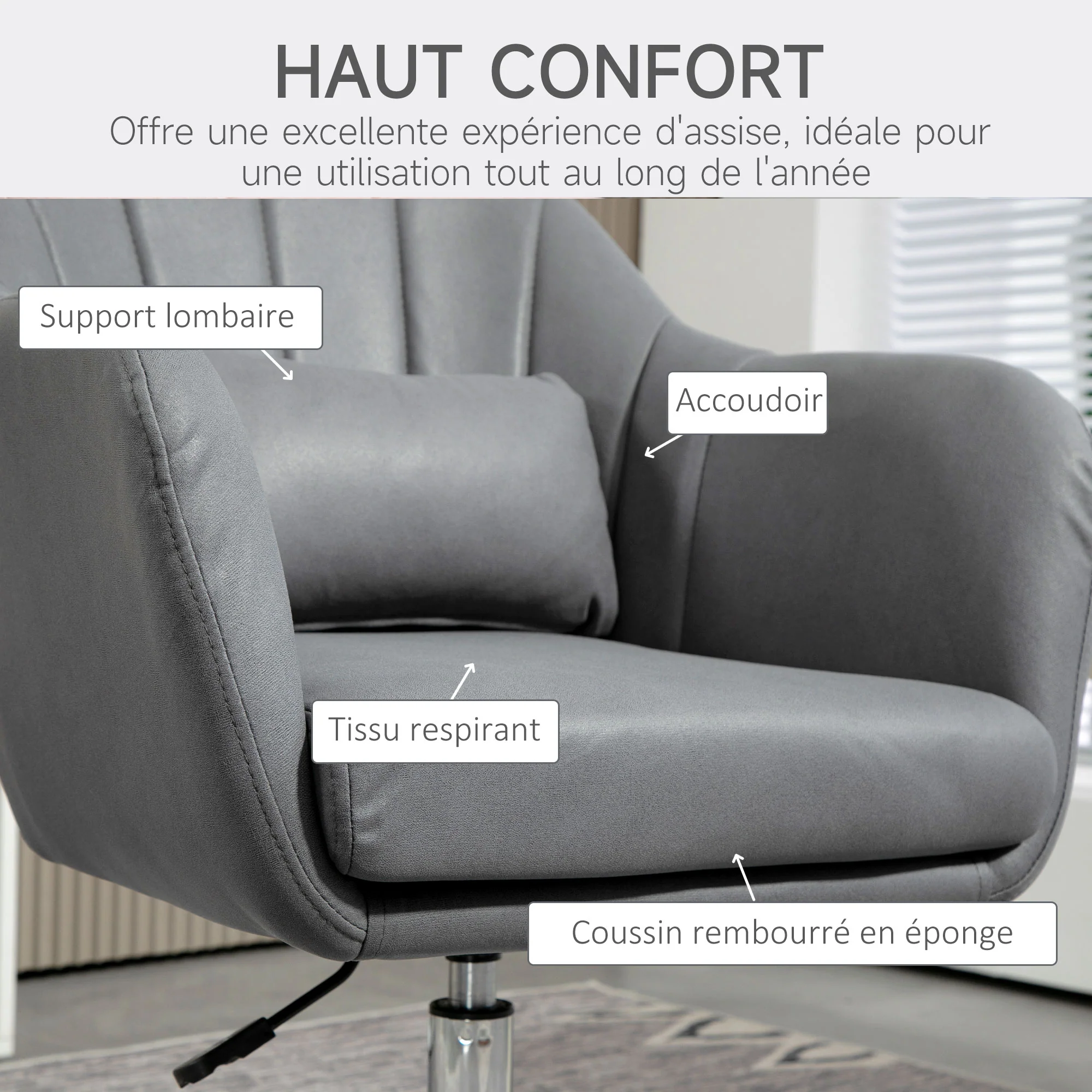 Fauteuil de salon chaise relax fauteuil de chambre grand confort - coussins lombaires hauteur réglable pivotant 360° piètement en métal chromé - gris foncé - Image 7