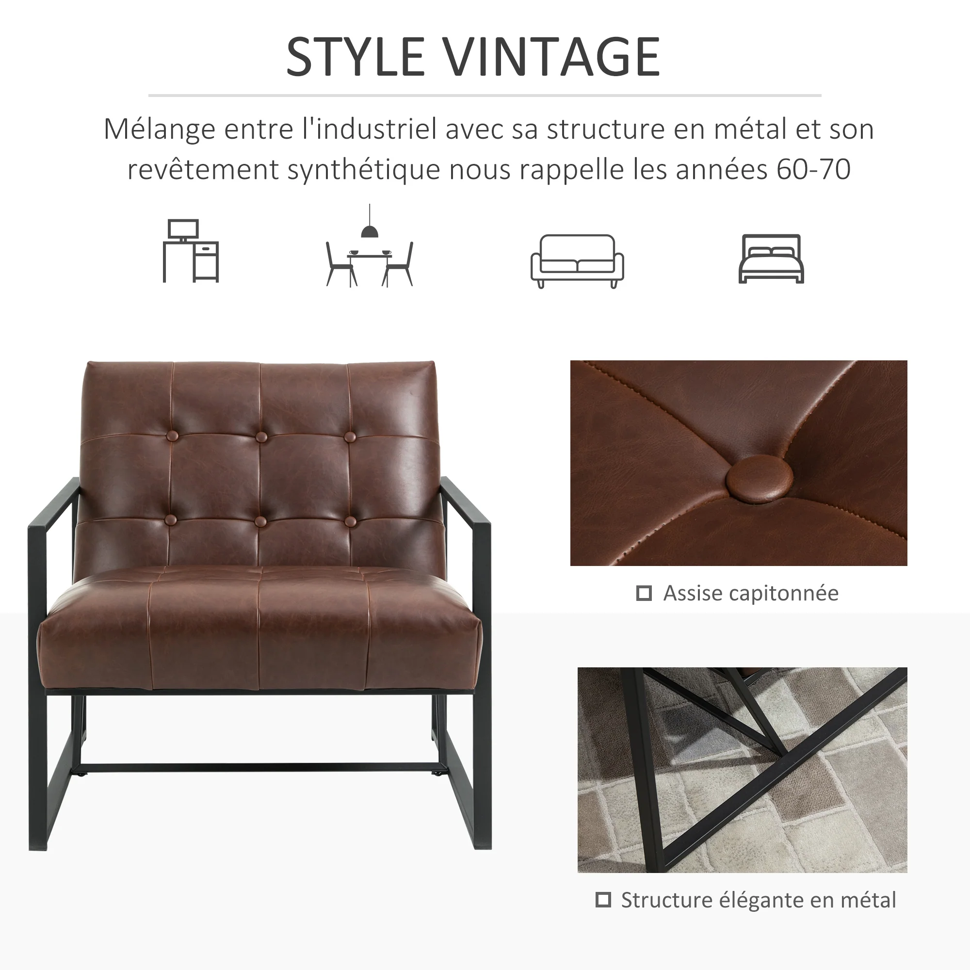 Fauteuil de salon Chesterfield Fauteuil Relax Assise Dossier capitonnés Structure métal Noir revêtement synthétique Chocolat - Image 5