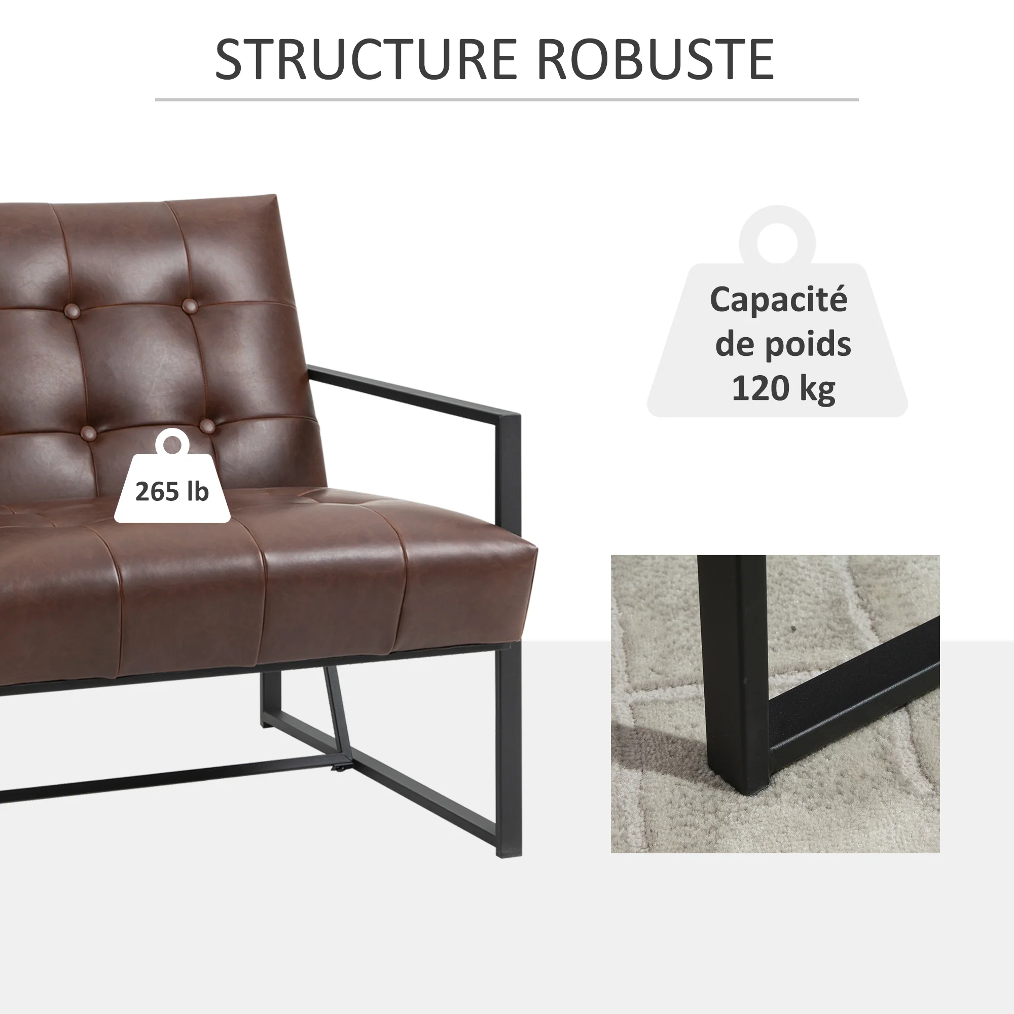 Fauteuil de salon Chesterfield Fauteuil Relax Assise Dossier capitonnés Structure métal Noir revêtement synthétique Chocolat - Image 6