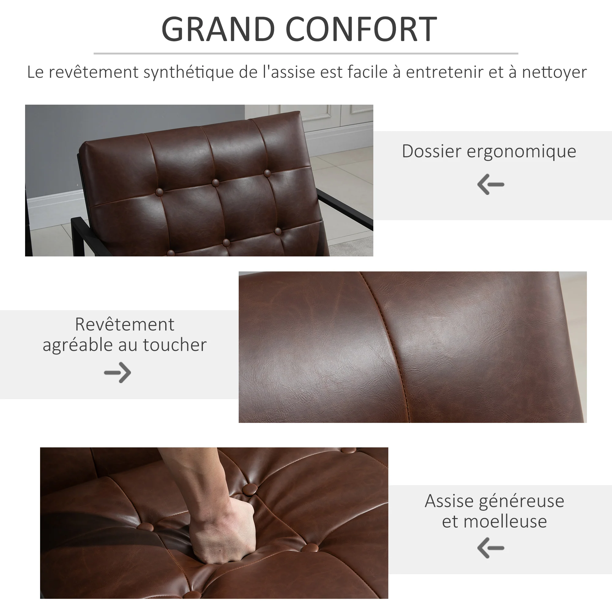 Fauteuil de salon Chesterfield Fauteuil Relax Assise Dossier capitonnés Structure métal Noir revêtement synthétique Chocolat - Image 7