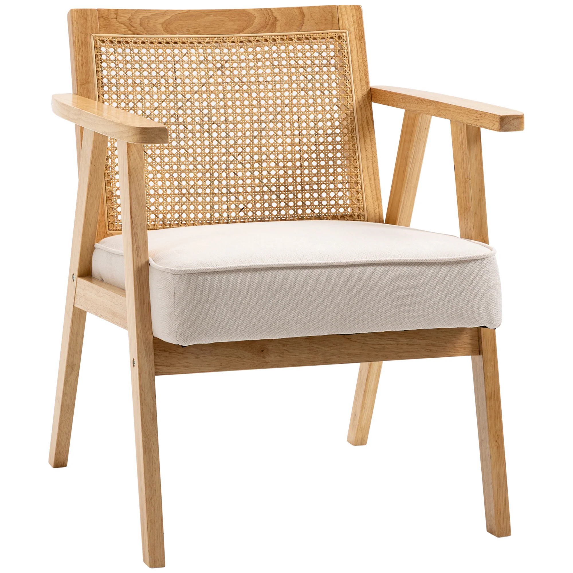 Fauteuil de salon confortable Chaise en Rotin avec Coussin épais- Dossier en cannage - Assise Profonde - Structure en Bois hévéa Aspect Lin Beige - Image 11