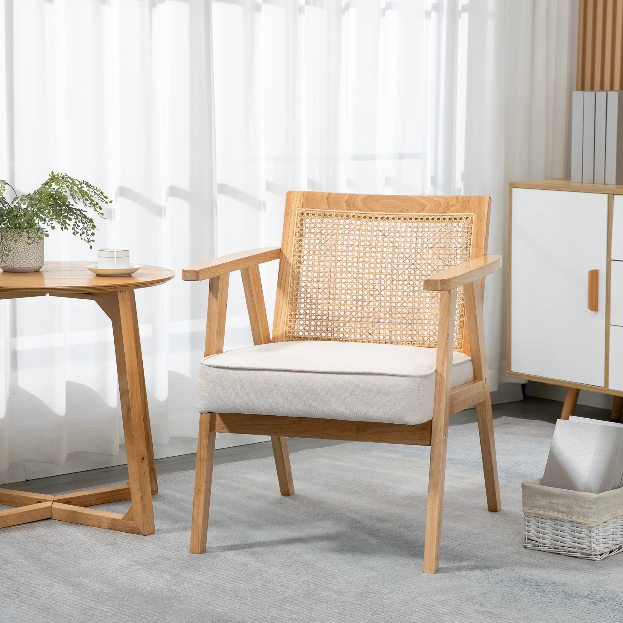 Fauteuil de salon confortable Chaise en Rotin avec Coussin épais- Dossier en cannage - Assise Profonde - Structure en Bois hévéa Aspect Lin Beige - Image 3