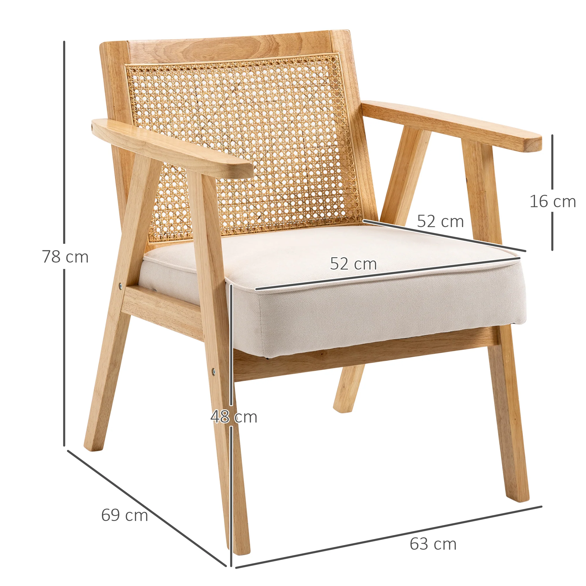 Fauteuil de salon confortable Chaise en Rotin avec Coussin épais- Dossier en cannage - Assise Profonde - Structure en Bois hévéa Aspect Lin Beige - Image 4