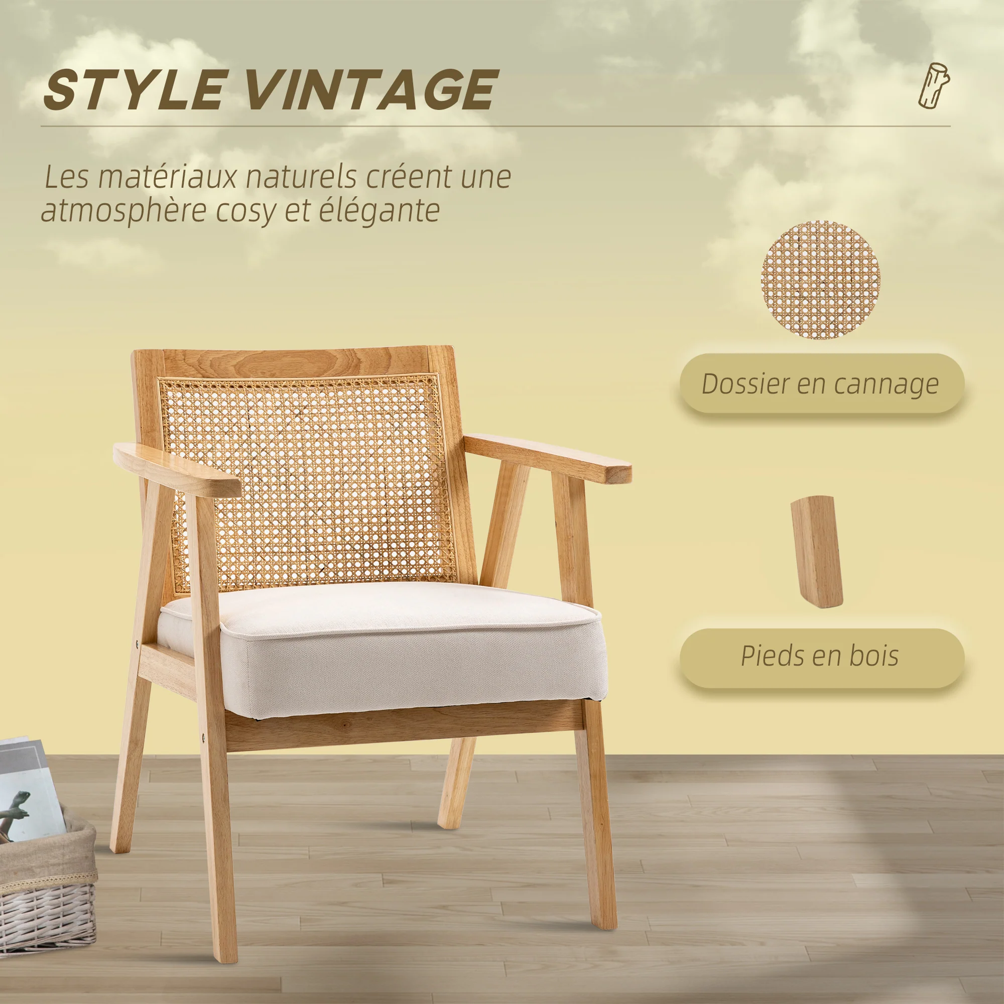 Fauteuil de salon confortable Chaise en Rotin avec Coussin épais- Dossier en cannage - Assise Profonde - Structure en Bois hévéa Aspect Lin Beige - Image 5