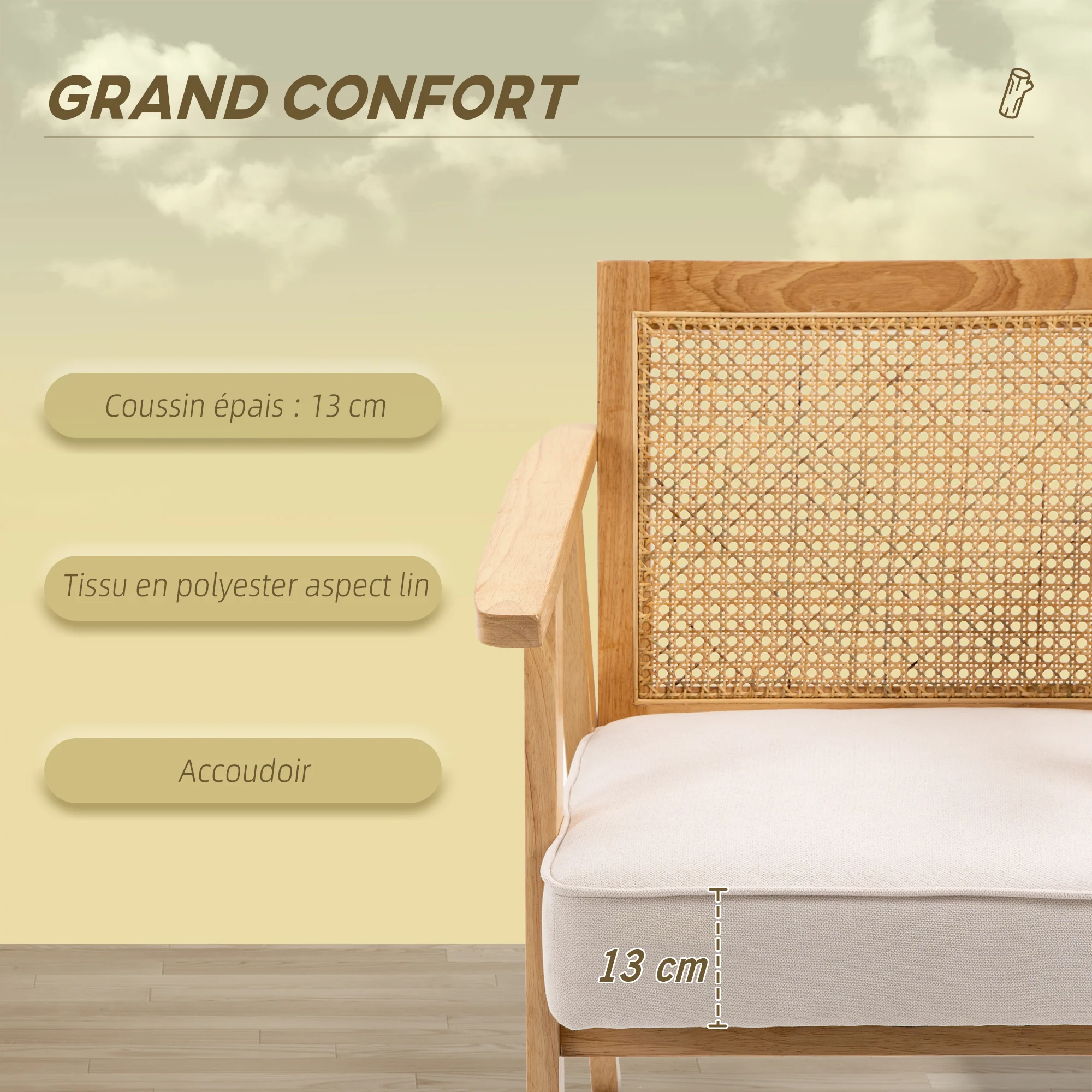 Fauteuil de salon confortable Chaise en Rotin avec Coussin épais- Dossier en cannage - Assise Profonde - Structure en Bois hévéa Aspect Lin Beige - Image 6